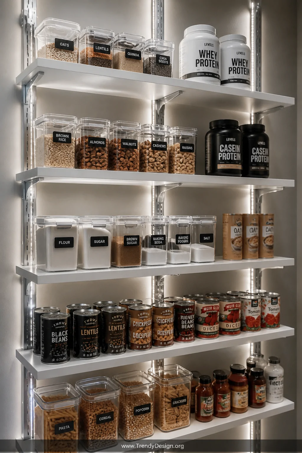 Medium shot of a pantry interior wall fitted with floor-to-ceiling double-slot steel vertical tracks in brushed nickel finish