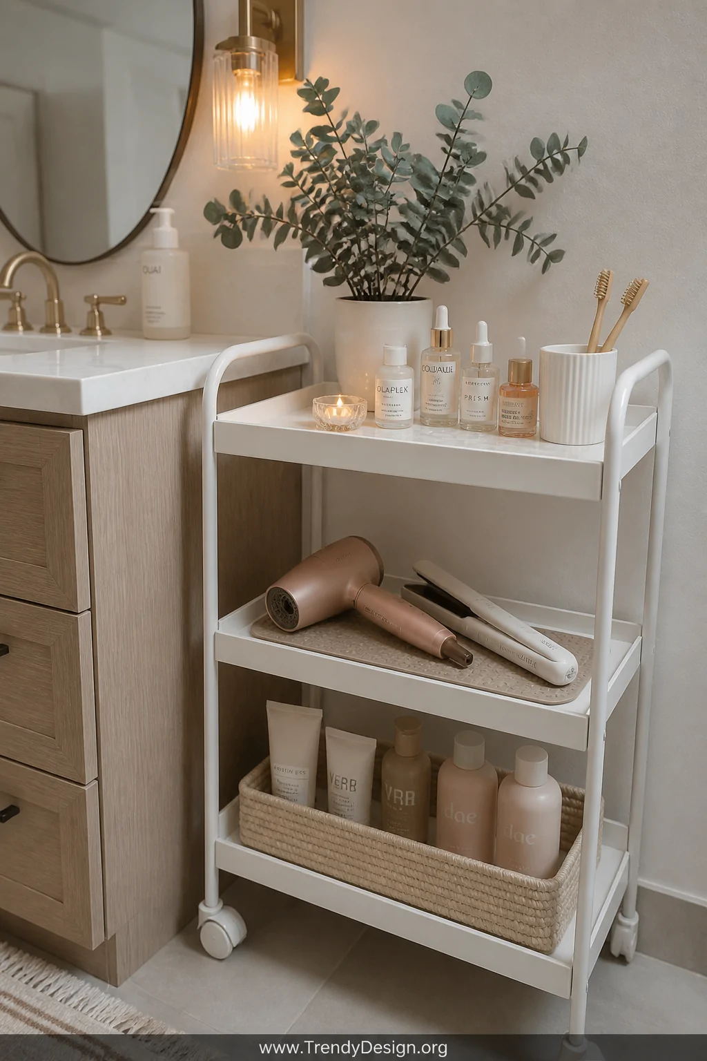 Medium shot of a serene spa-inspired bathroom featuring a slim white matte rolling cart beside a marble vanity, top shelf dis