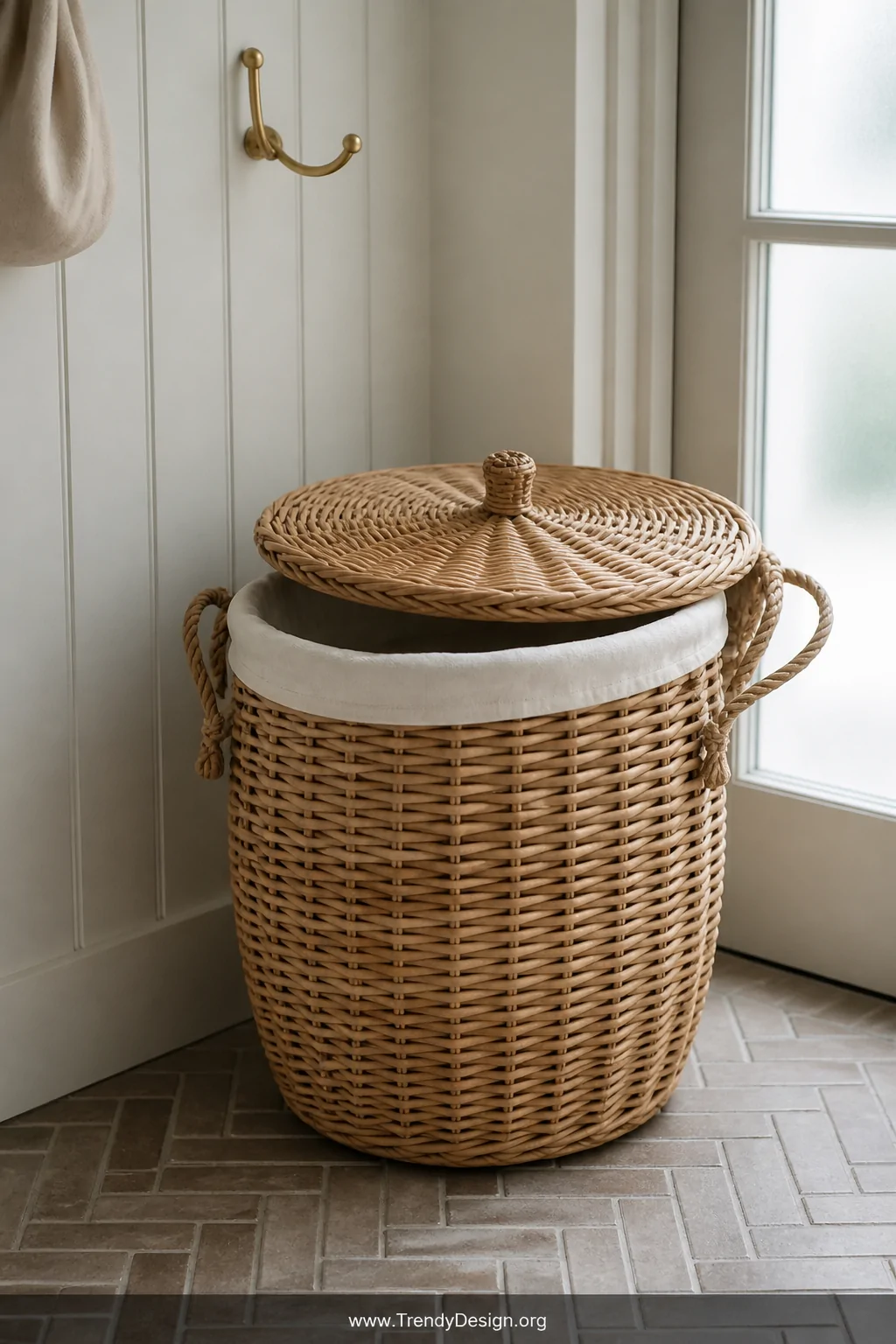 Medium shot of a large lidded wicker basket in warm cream and tan tones with sturdy knotted handles resting on a herringbone-