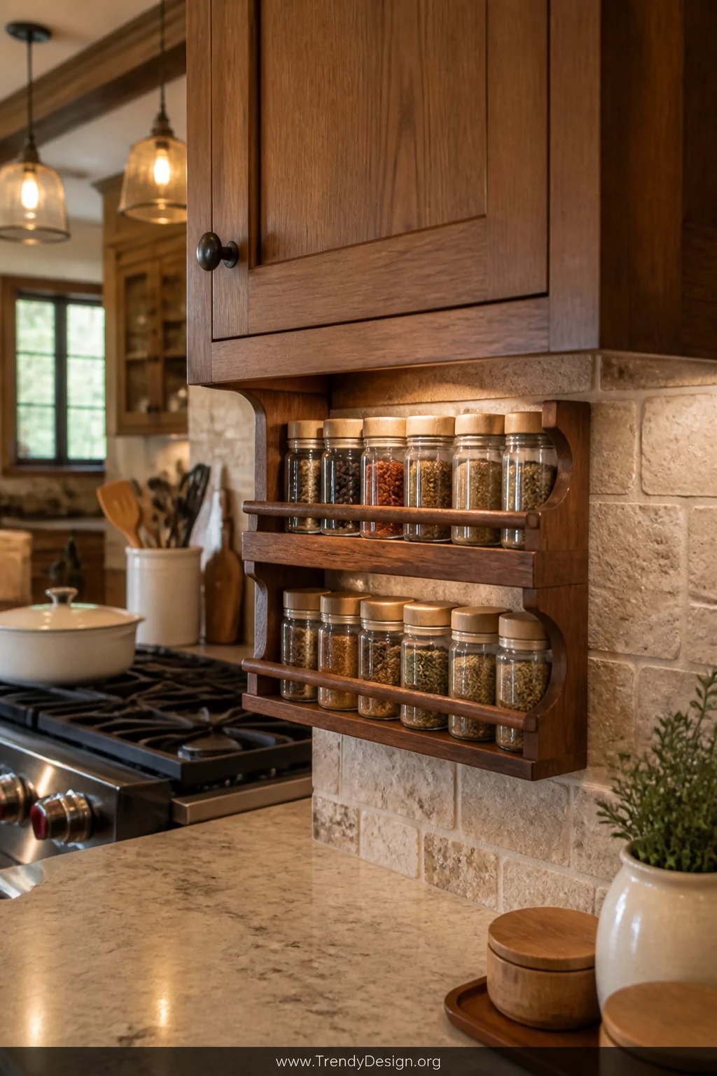 A medium-shot photorealistic interior design image of a rustic farmhouse kitchen with honey-toned wood cabinetry and warm inc