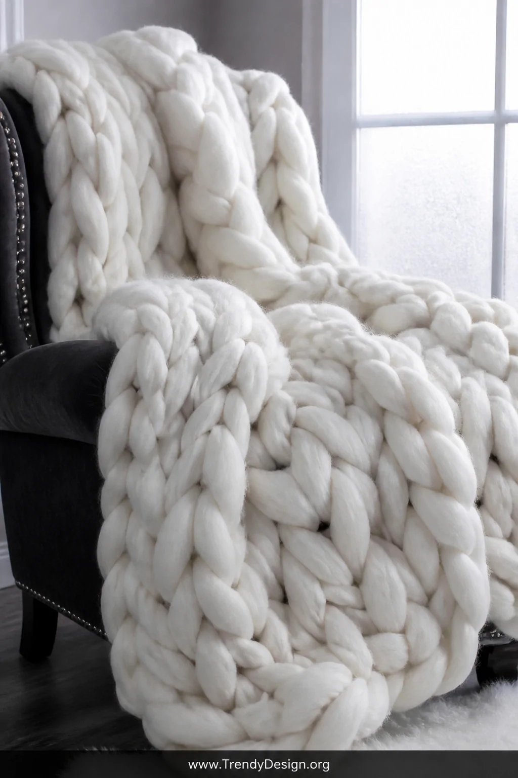 An oversized cloud-white chunky arm-knitted throw blanket draped loosely across a deep charcoal velvet armchair beside a fros