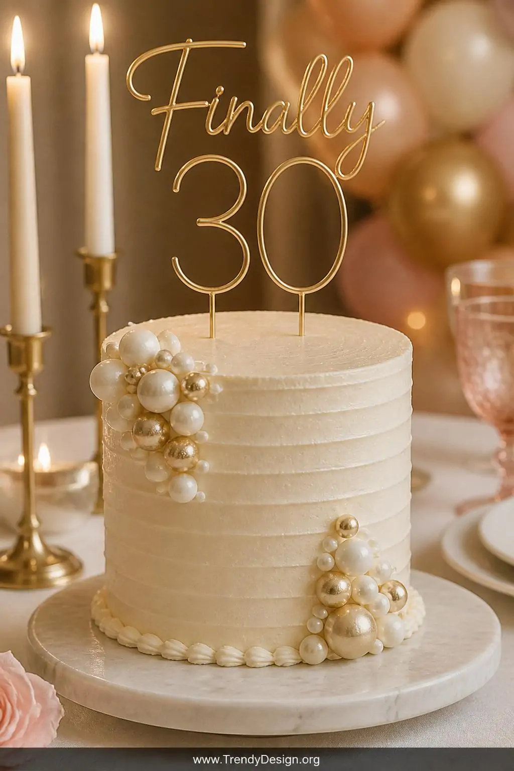 Close-up shot of an elegant white frosted celebration cake on a marble cake stand atop a white linen tablecloth, a handcrafte