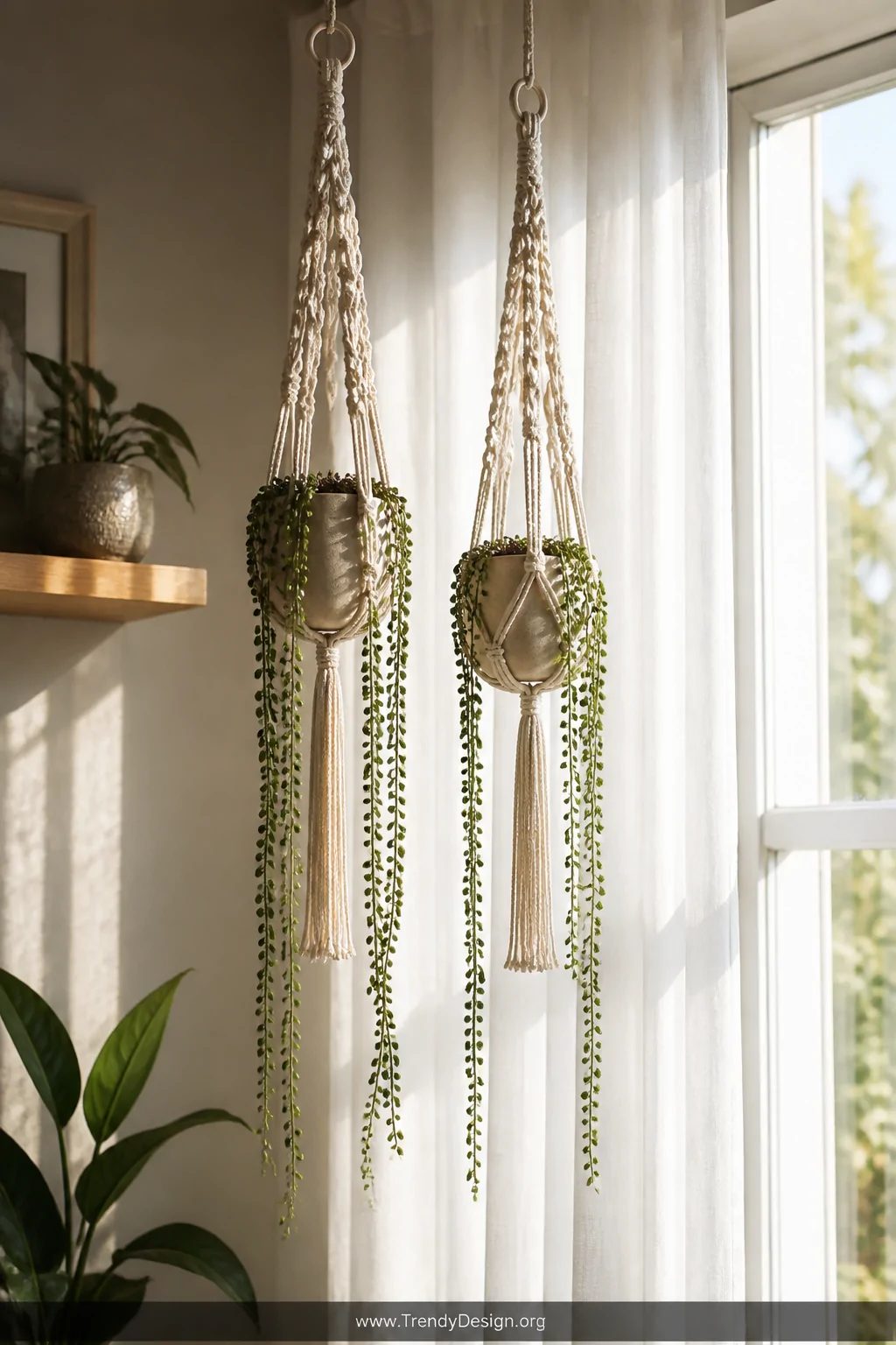 A medium shot of two sleek macramé pot hangers suspended near a large sun-drenched window, crafted from twisted nylon rope in