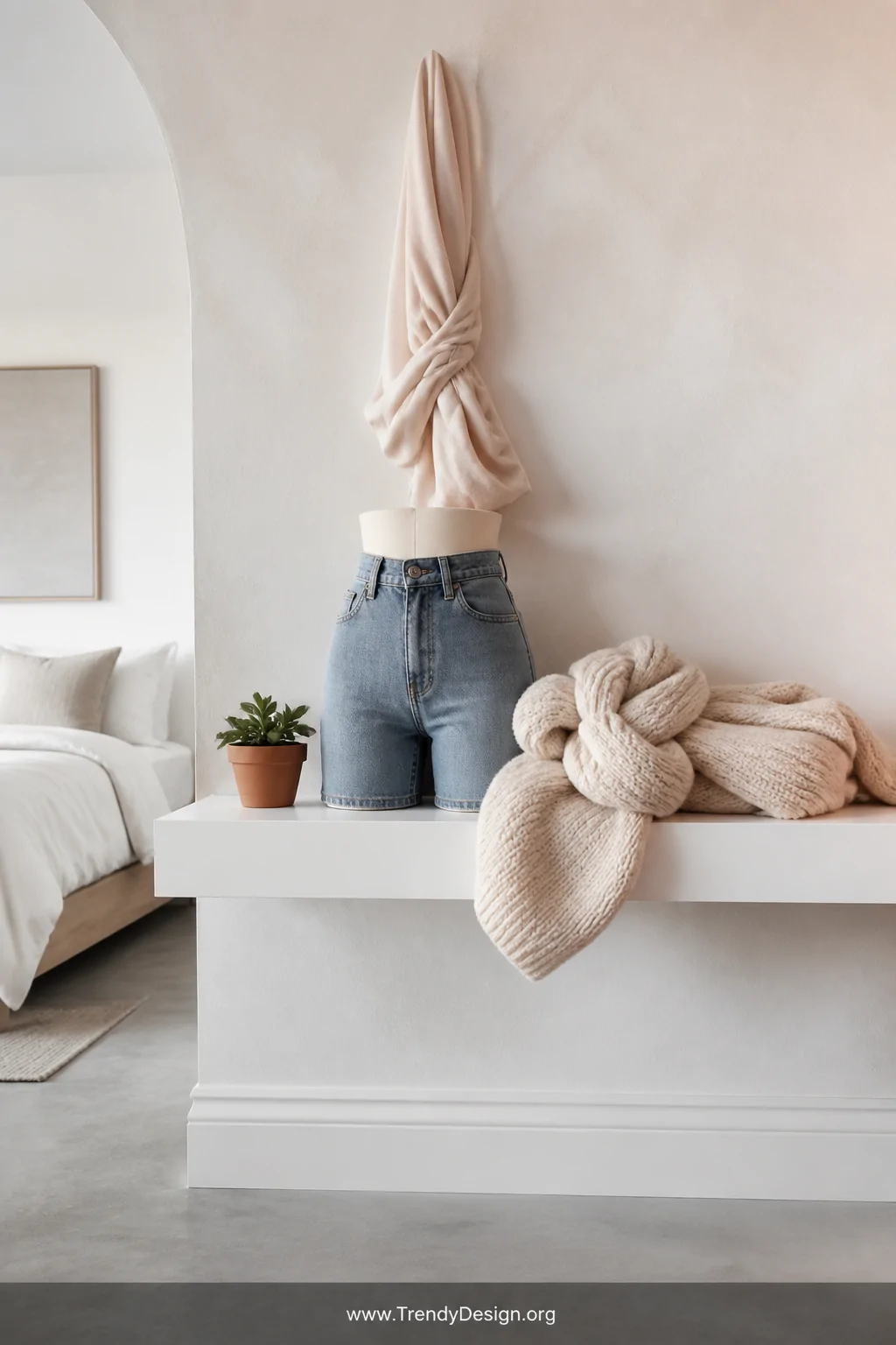 A bright minimalist bedroom vanity area with soft diffused natural light bouncing off pale blush walls, a knotted cream cotto
