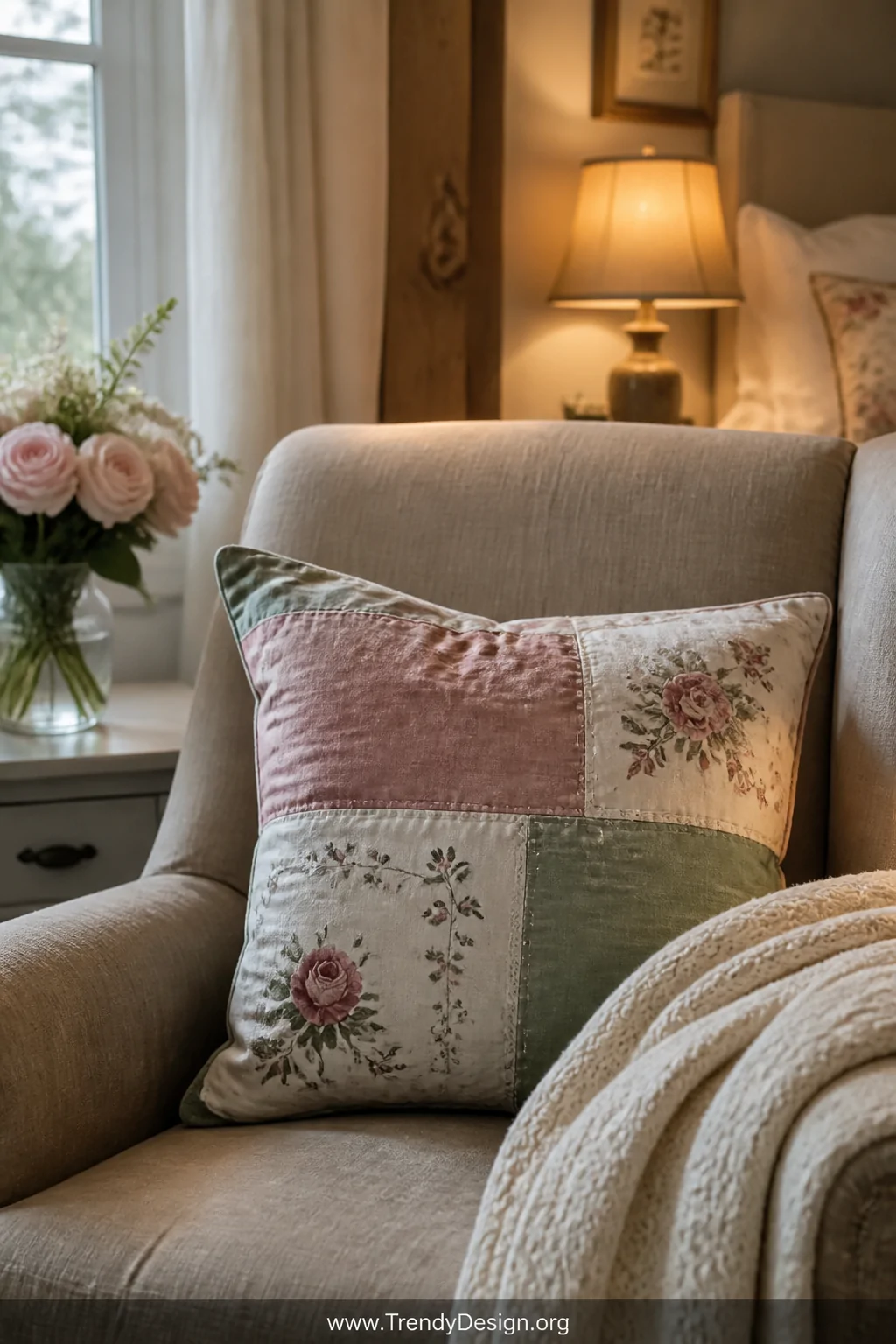 A cozy bedroom reading nook with a worn linen armchair draped in a patchwork vintage handkerchief throw pillow, soft rose and