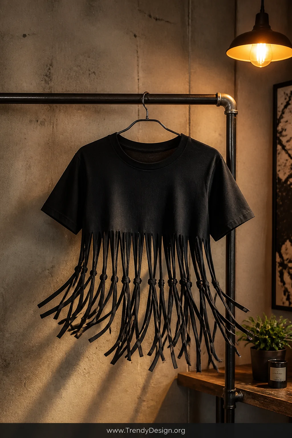 A medium shot of a cropped black jersey t-shirt hanging from a raw iron pipe rack against a concrete wall under warm amber pe