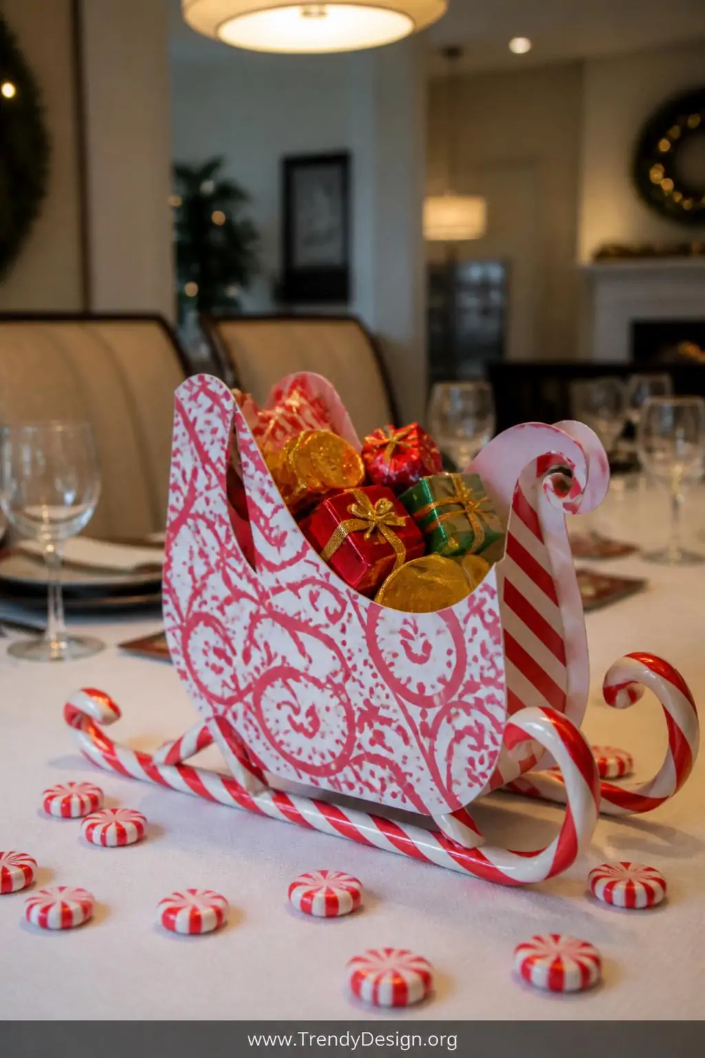 A medium closeup of a charming holiday dining table centerpiece featuring a red and white painted cardboard sleigh with gloss