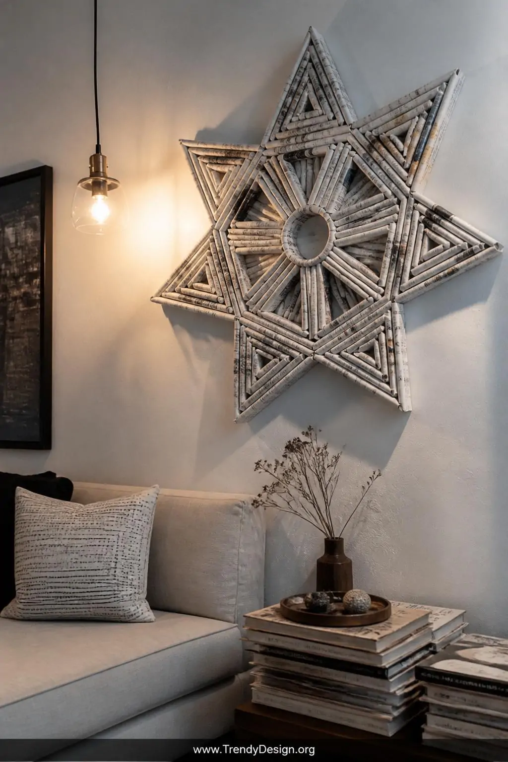 A medium photorealistic interior shot of a modern artsy living room corner where a sculptural parol lantern built entirely fr