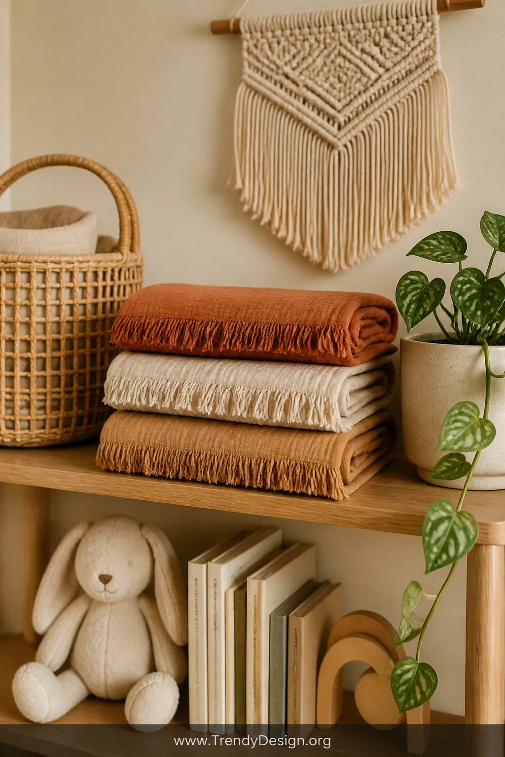A medium shot of a styled nursery shelf with fringe-trimmed muslin burp cloths in terracotta, oat, and warm beige tones folde
