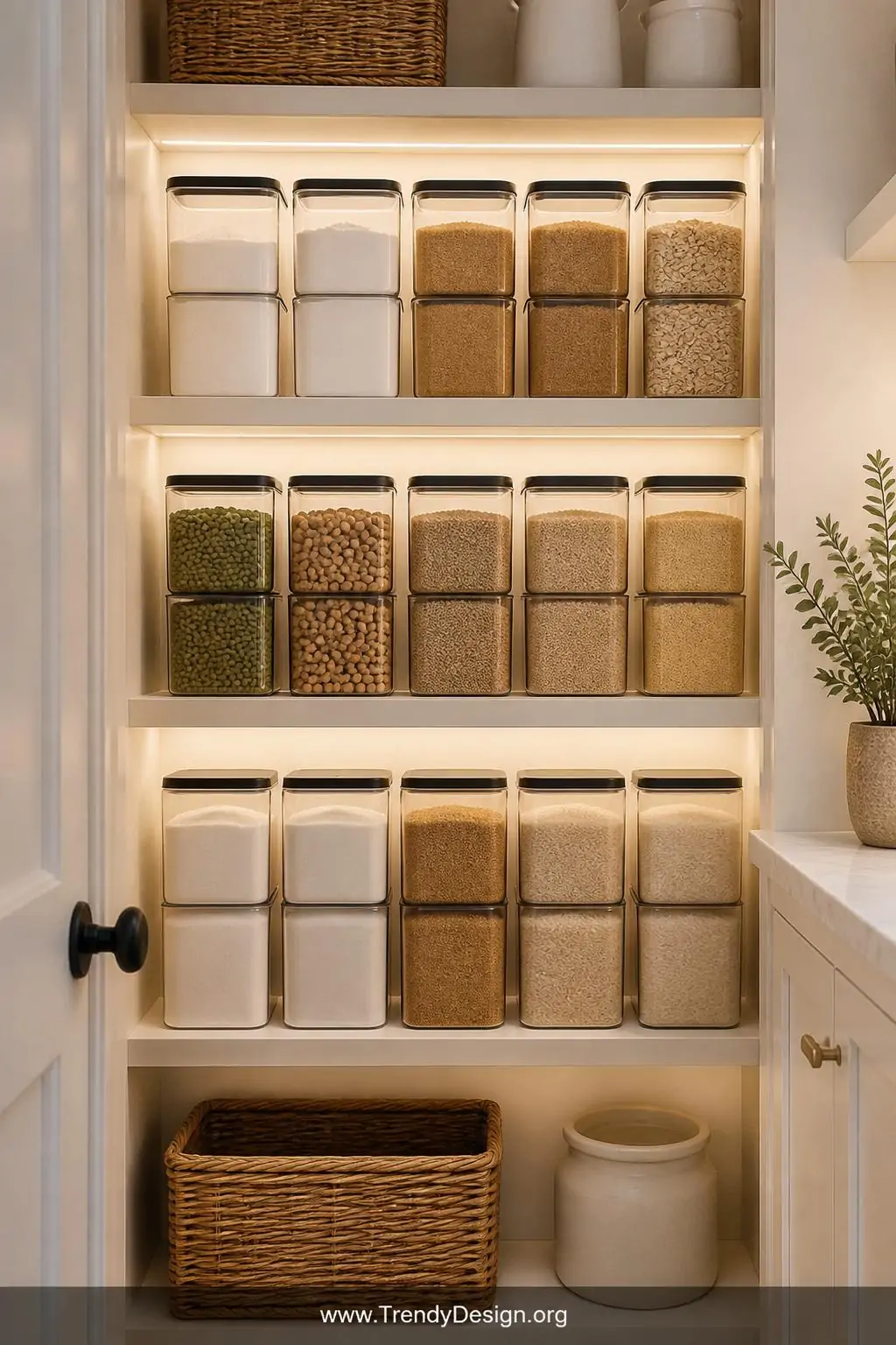 Medium shot of deep open pantry shelves lined with matching square airtight glass containers in uniform rows, filled with whi