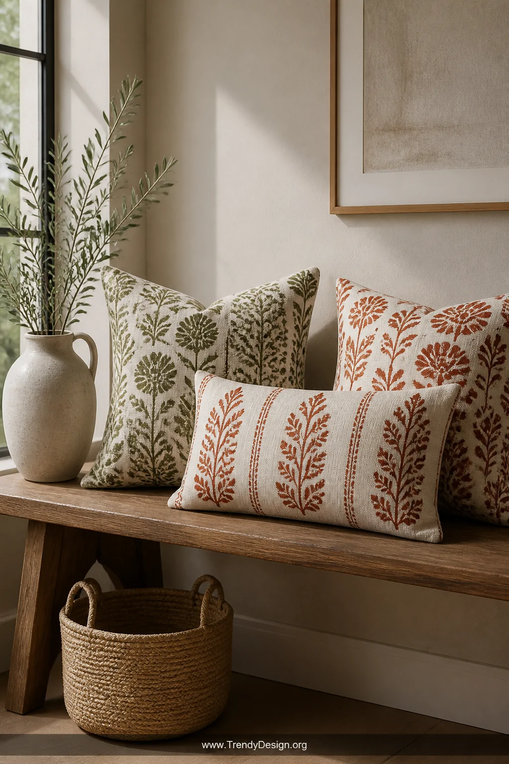 A medium shot of a wooden bench topped with flat canvas and linen-blend pillow covers stamped in a repeating botanical patter