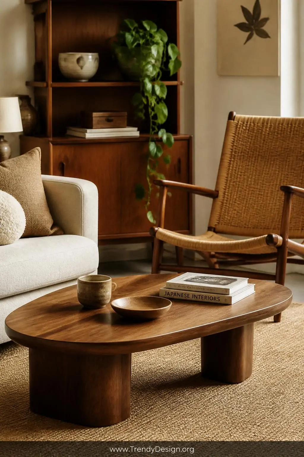 Medium photorealistic interior shot of a mid century modern living room vignette centered on a sculptural oval walnut coffee 