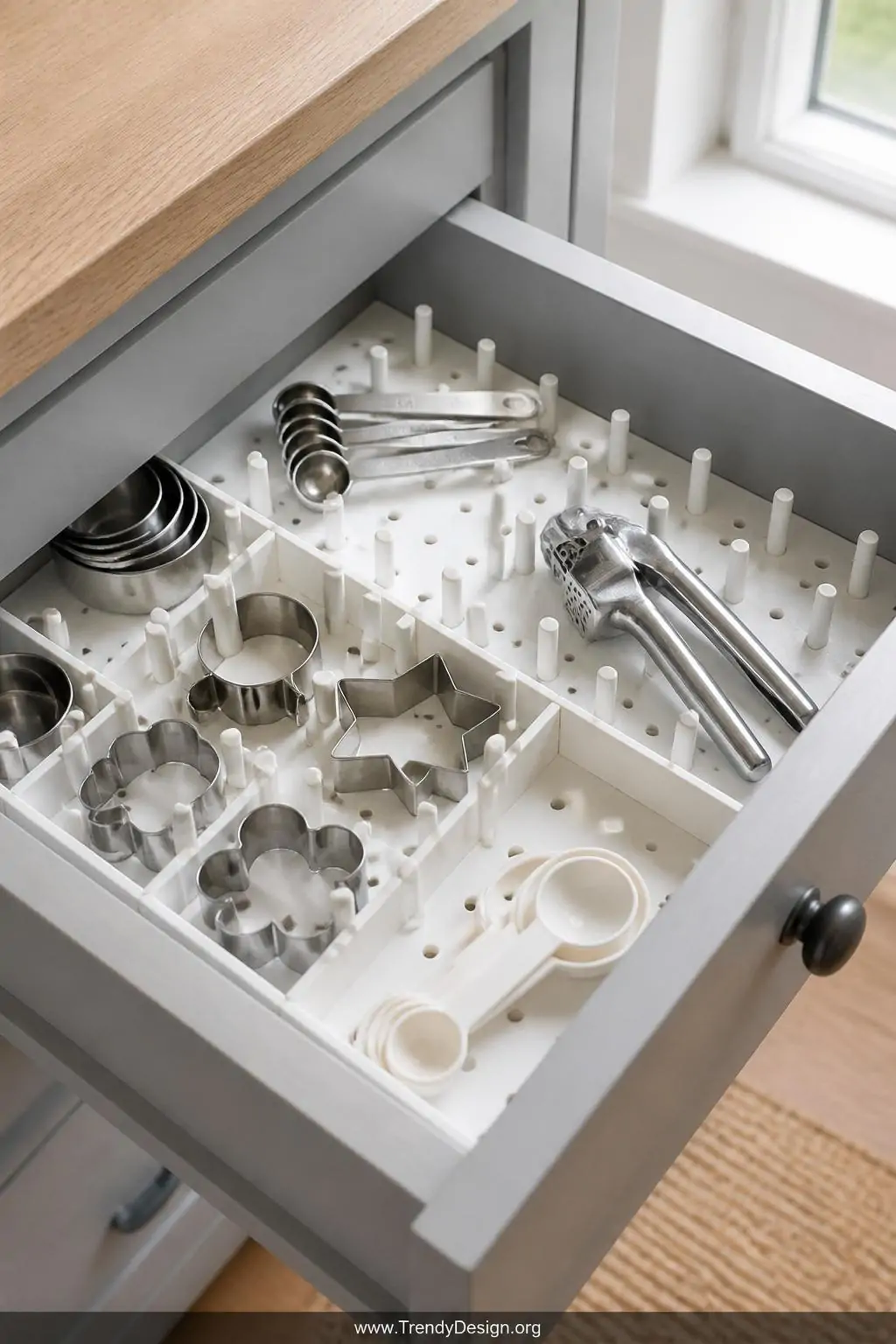 Medium closeup shot of a pegboard drawer insert with small white pegs arranged in a precise grid pattern creating custom comp
