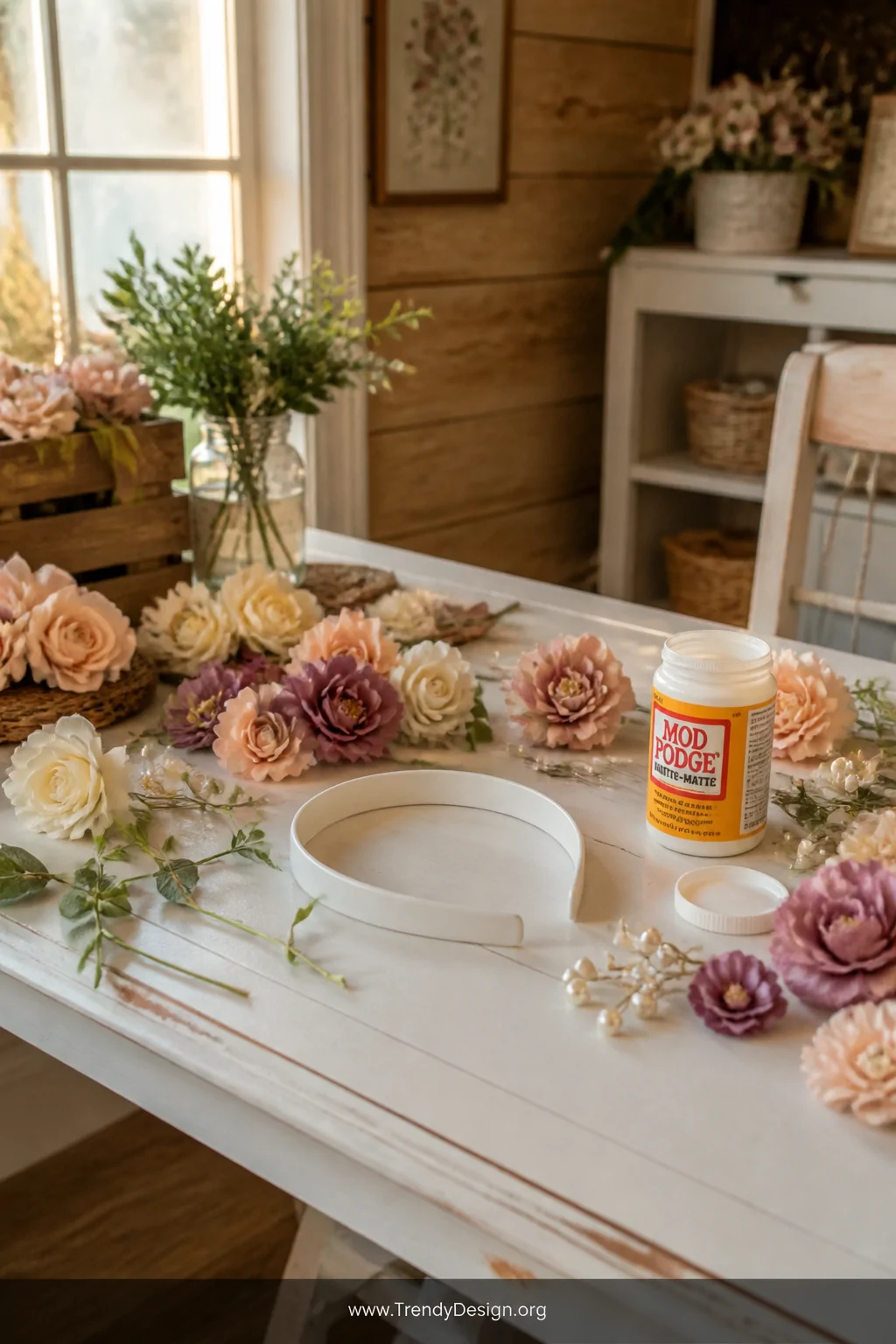 A medium shot of a rustic craft corner with a white-painted wooden table holding a plain plastic headband surrounded by scatt
