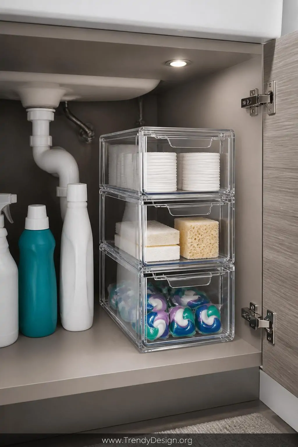 A medium photorealistic interior shot of a modern bathroom under-sink cabinet interior featuring a sleek clear acrylic stacka