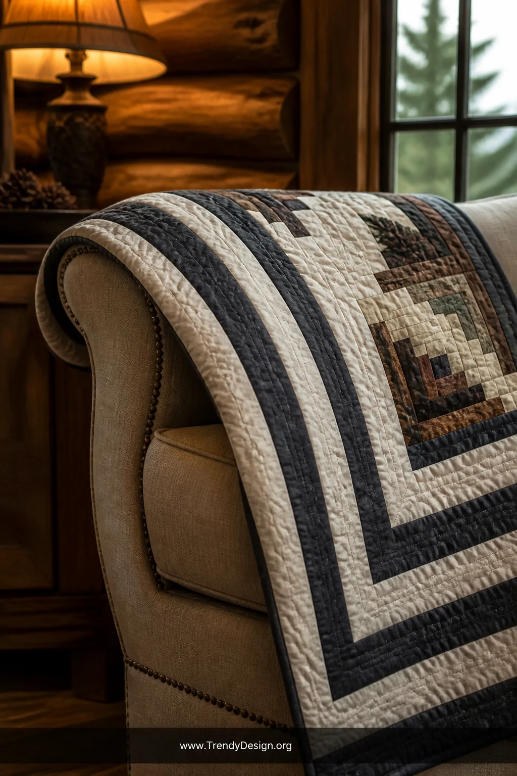 Medium closeup of a richly layered log cabin quilt border draped over the arm of a linen armchair, alternating strips of deep