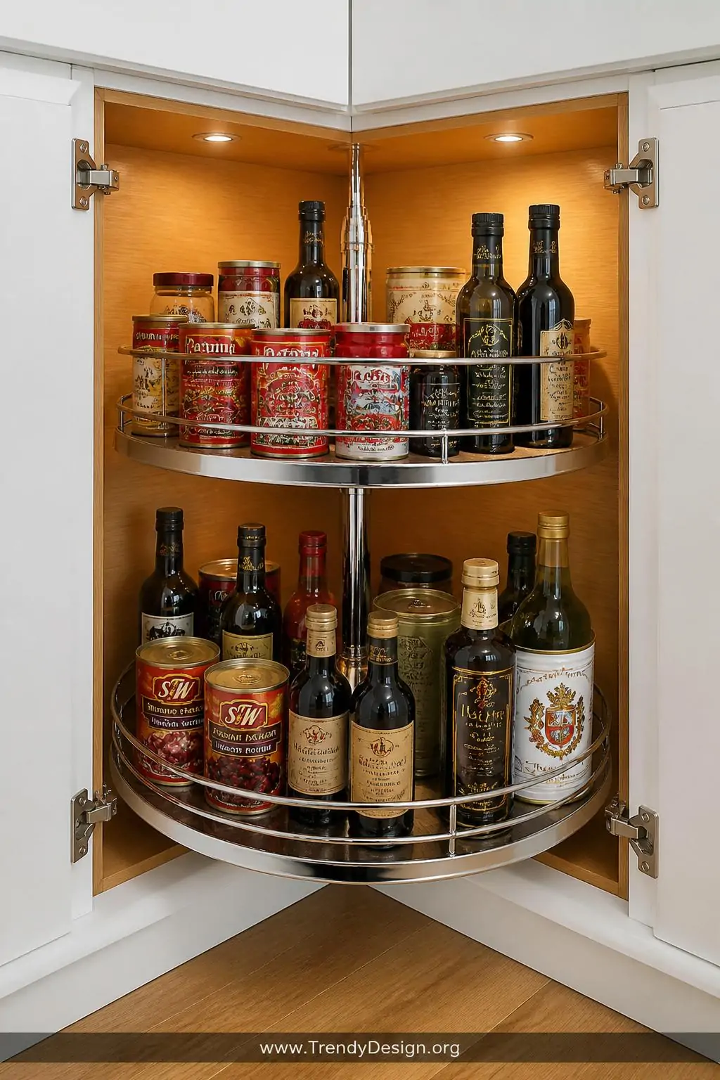 A wide-angle shot inside a deep corner kitchen cabinet with warm oak interiors reveals a double-decker chrome lazy Susan load