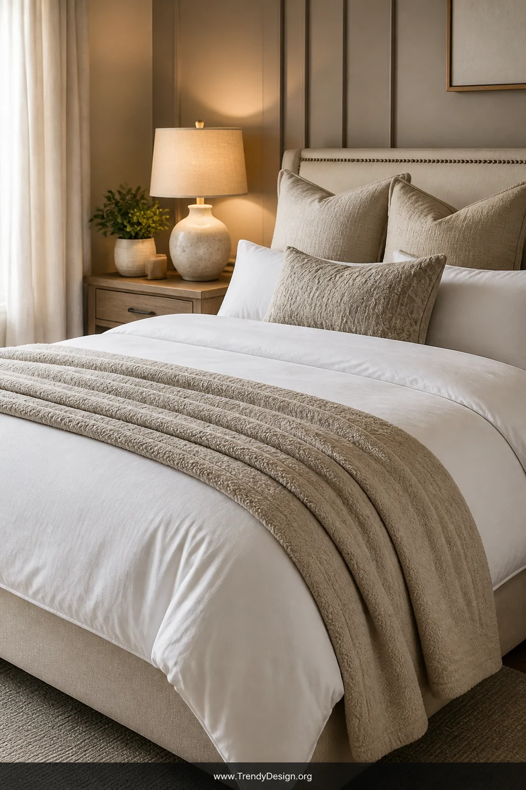 Medium shot of a luxurious bed styled with a soft oatmeal fleece quilt folded neatly across the bottom third of a crisp white