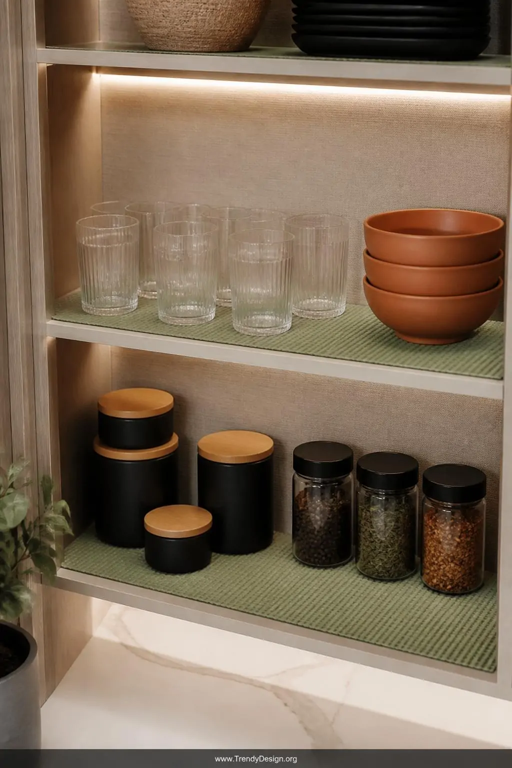 Medium-shot photorealistic interior of open kitchen cabinetry showcasing ventilated sage-green textured rubber shelf liners c