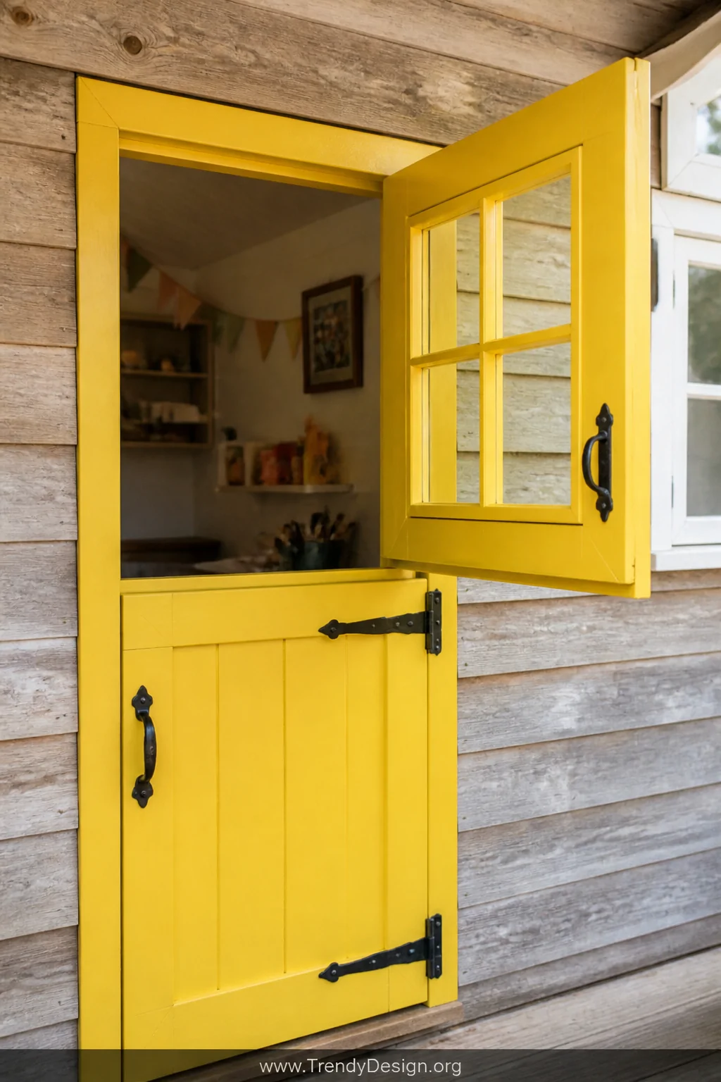 Close-up detail shot of a charming split Dutch door painted bold sunshine yellow with black iron hinges, top half open, set a