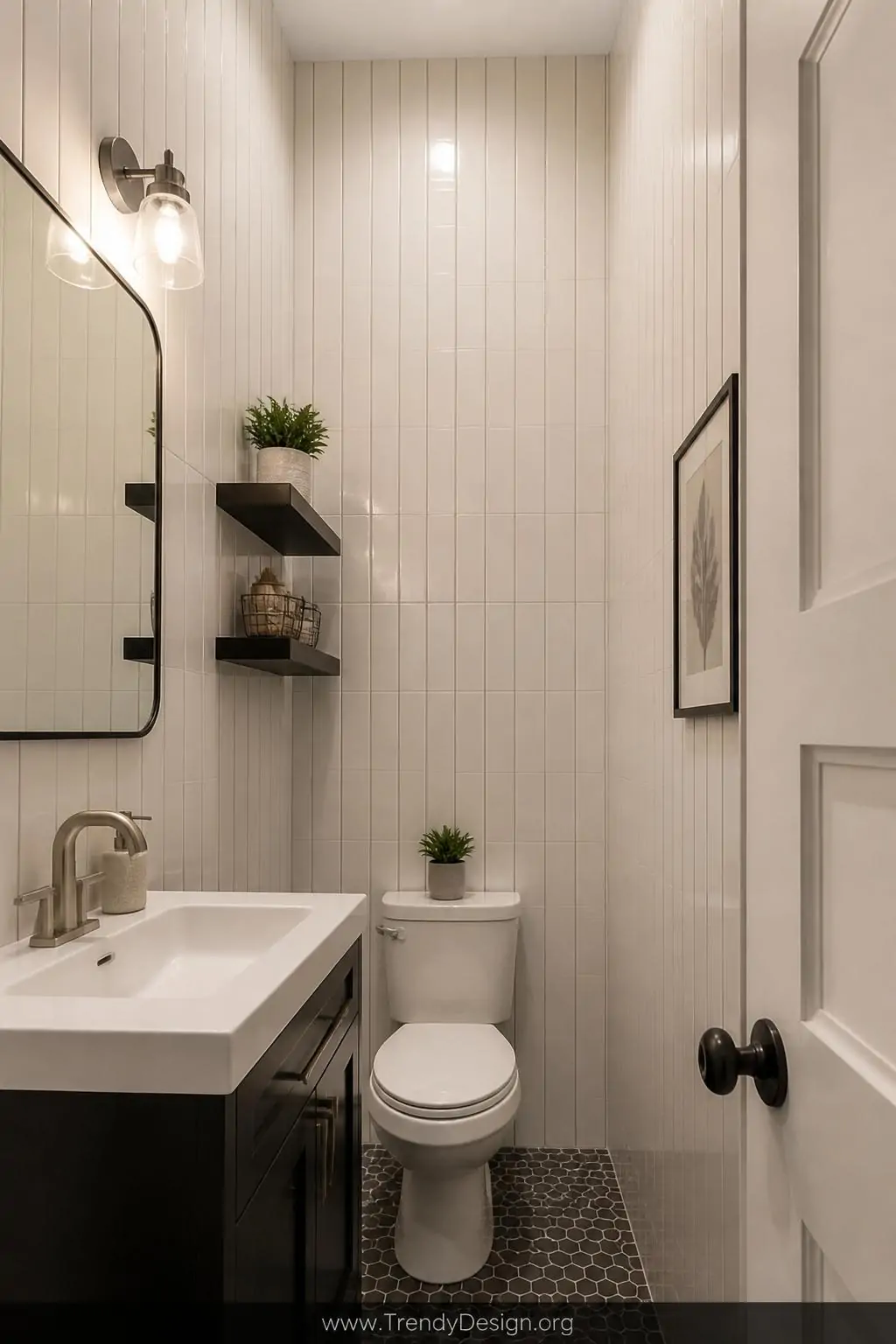 Medium photorealistic interior design shot of a narrow small bathroom with elongated 4x16 inch white ceramic subway tiles ins