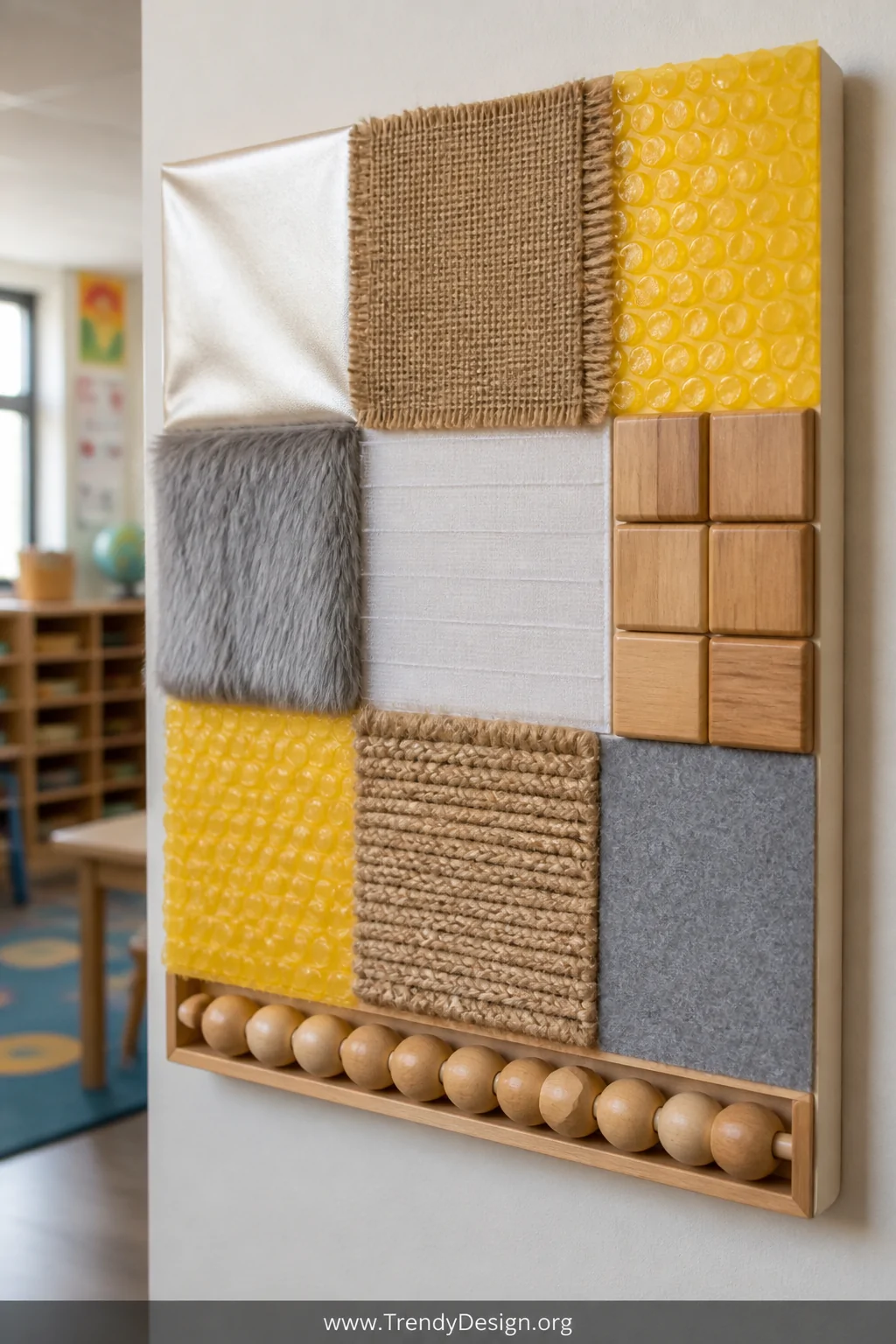 Medium closeup photorealistic shot of a DIY tactile sensory wall panel mounted on a classroom wall, showing a foam board cove