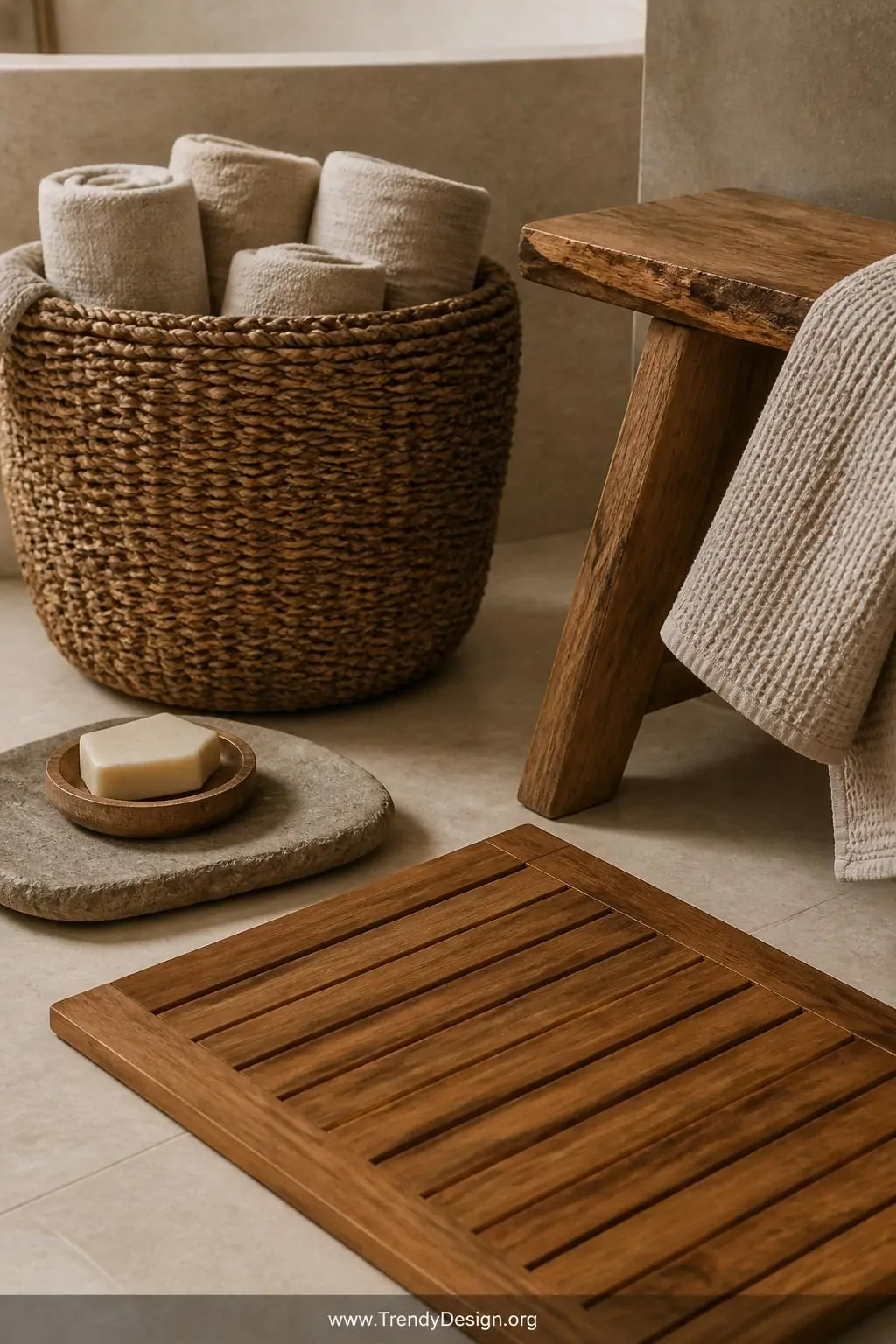 A photorealistic medium-shot bathroom vignette featuring a smooth teak bath mat on pale stone tile, a rounded bamboo soap dis