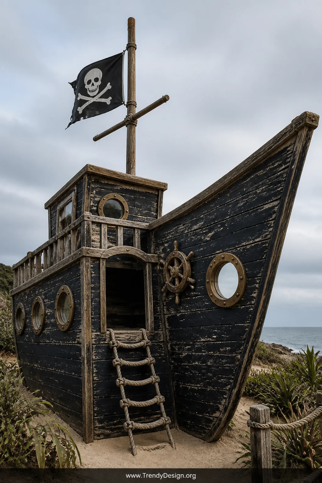 Medium exterior shot of a weathered pirate ship playhouse with a dramatic bow facade, navy and black painted planks with a di