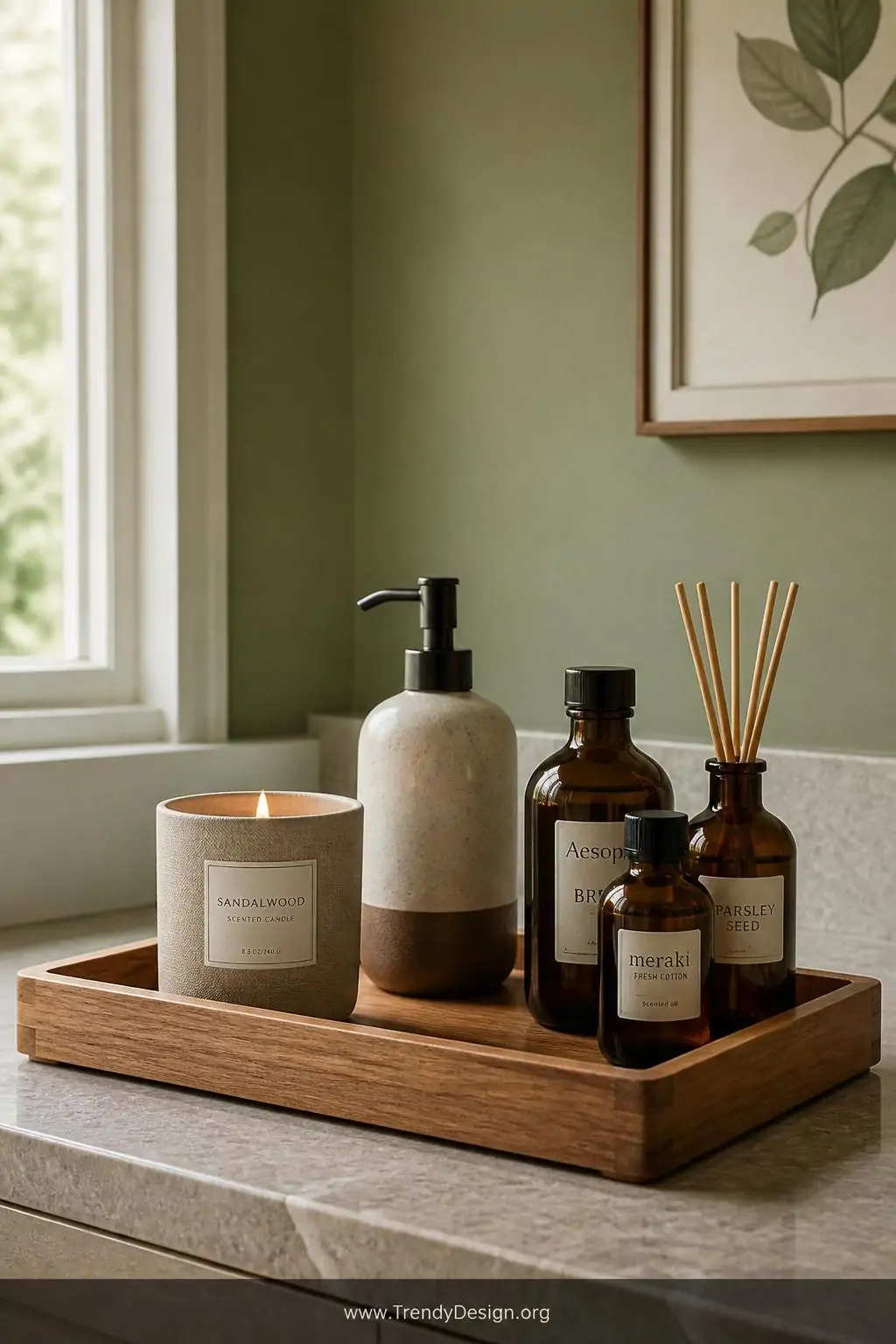 Medium shot of a warm teak wooden flat tray centered on a stone-veined countertop corralling a linen-wrapped candle, a cerami