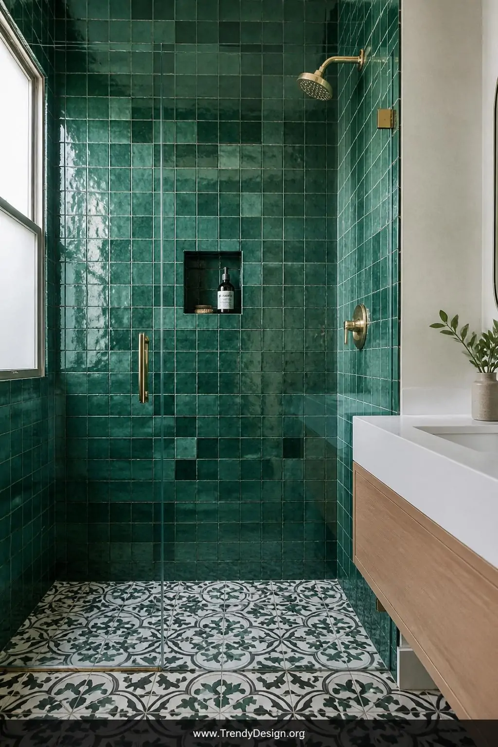 A medium photorealistic interior shot of a bathroom shower wall completely covered in handmade Moroccan zellige tiles with ri