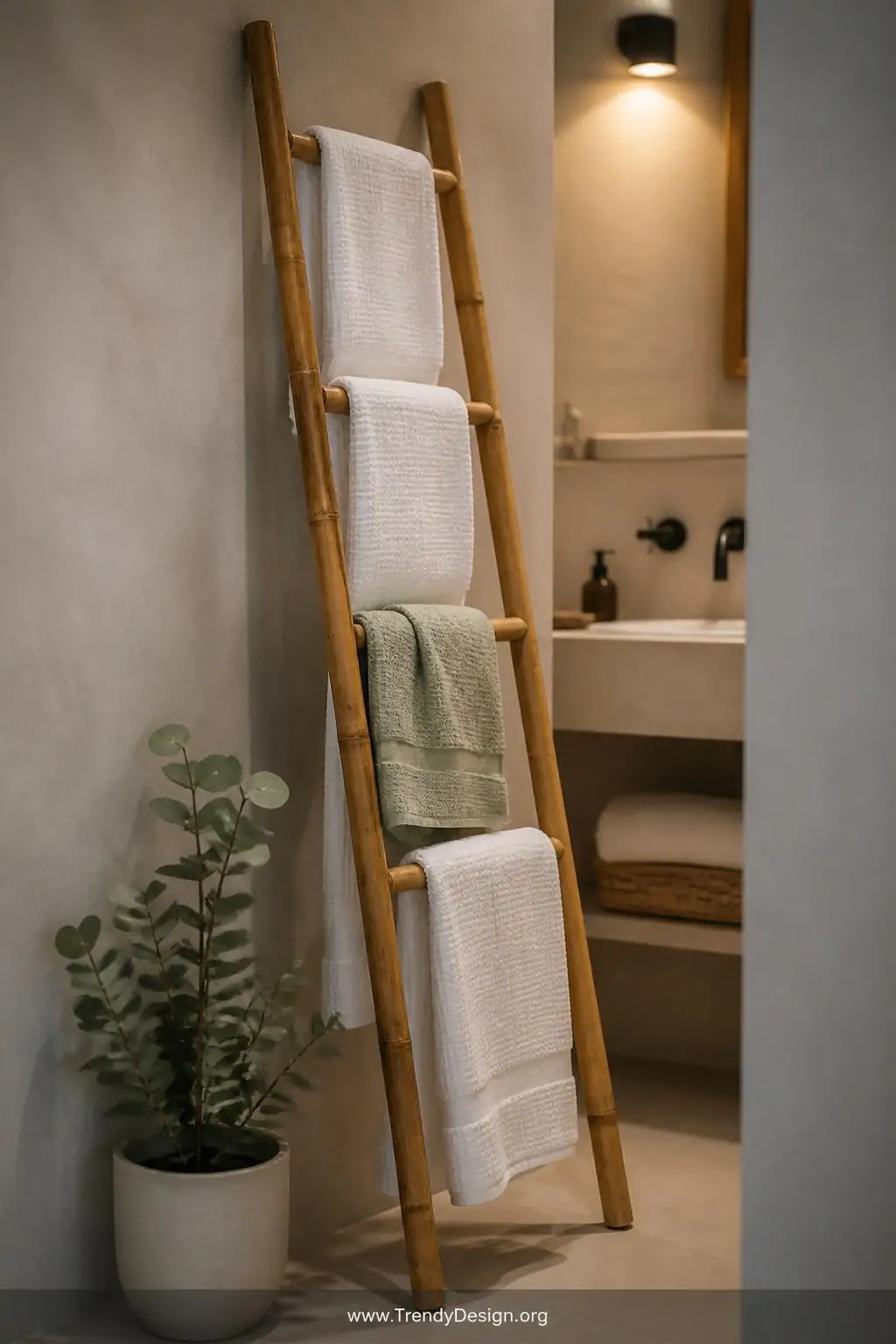 A photorealistic medium shot of a slim natural bamboo ladder rack leaning diagonally into a narrow bathroom corner, four rung