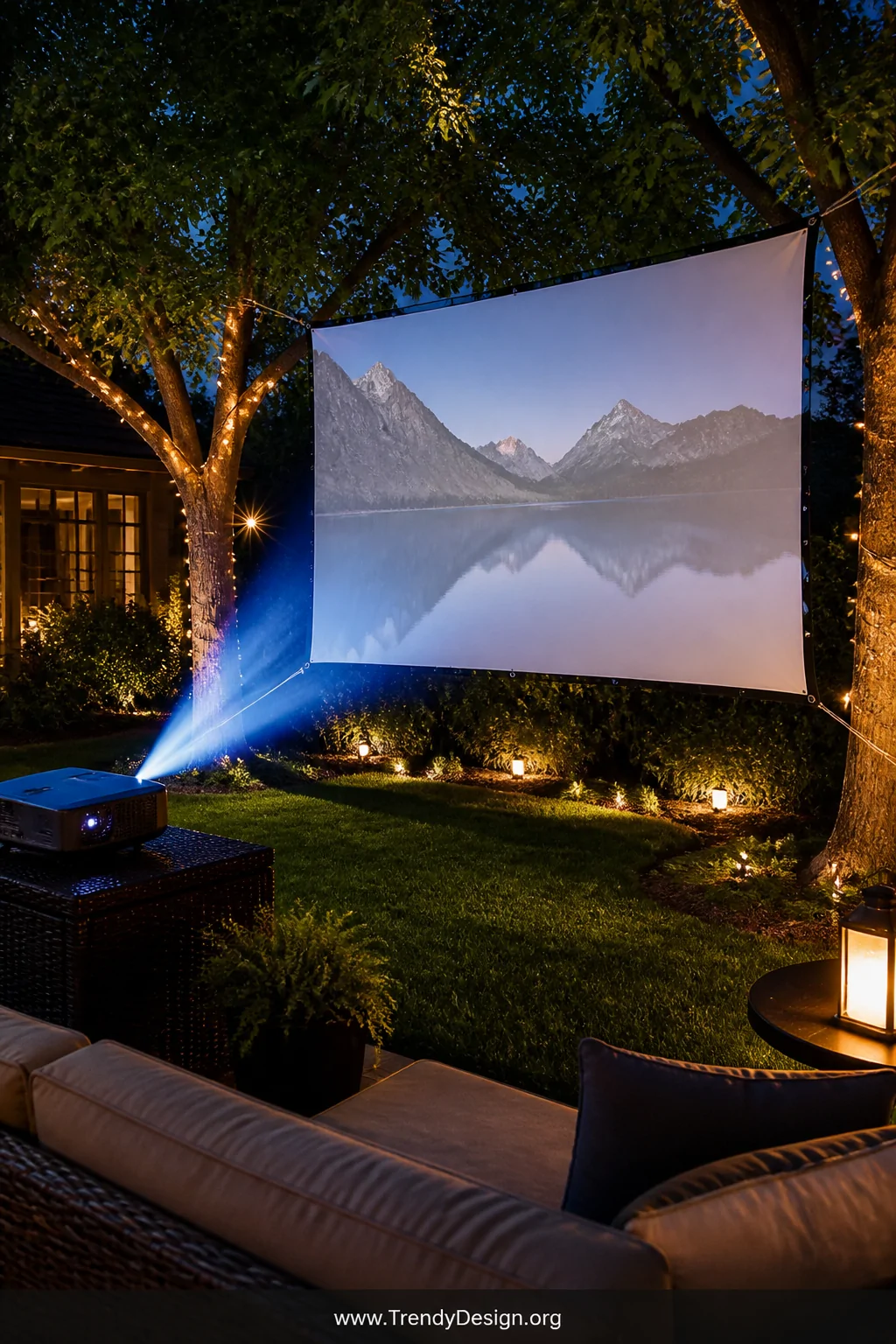 Medium evening shot of a backyard movie setup with a perfectly flat, taut white vinyl tarp screen suspended between two trees