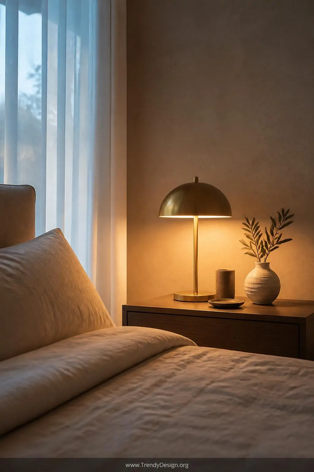 A medium shot centers on a sleek modern bedside table where a soft white LED bulb glows at 2700K inside a brushed brass table