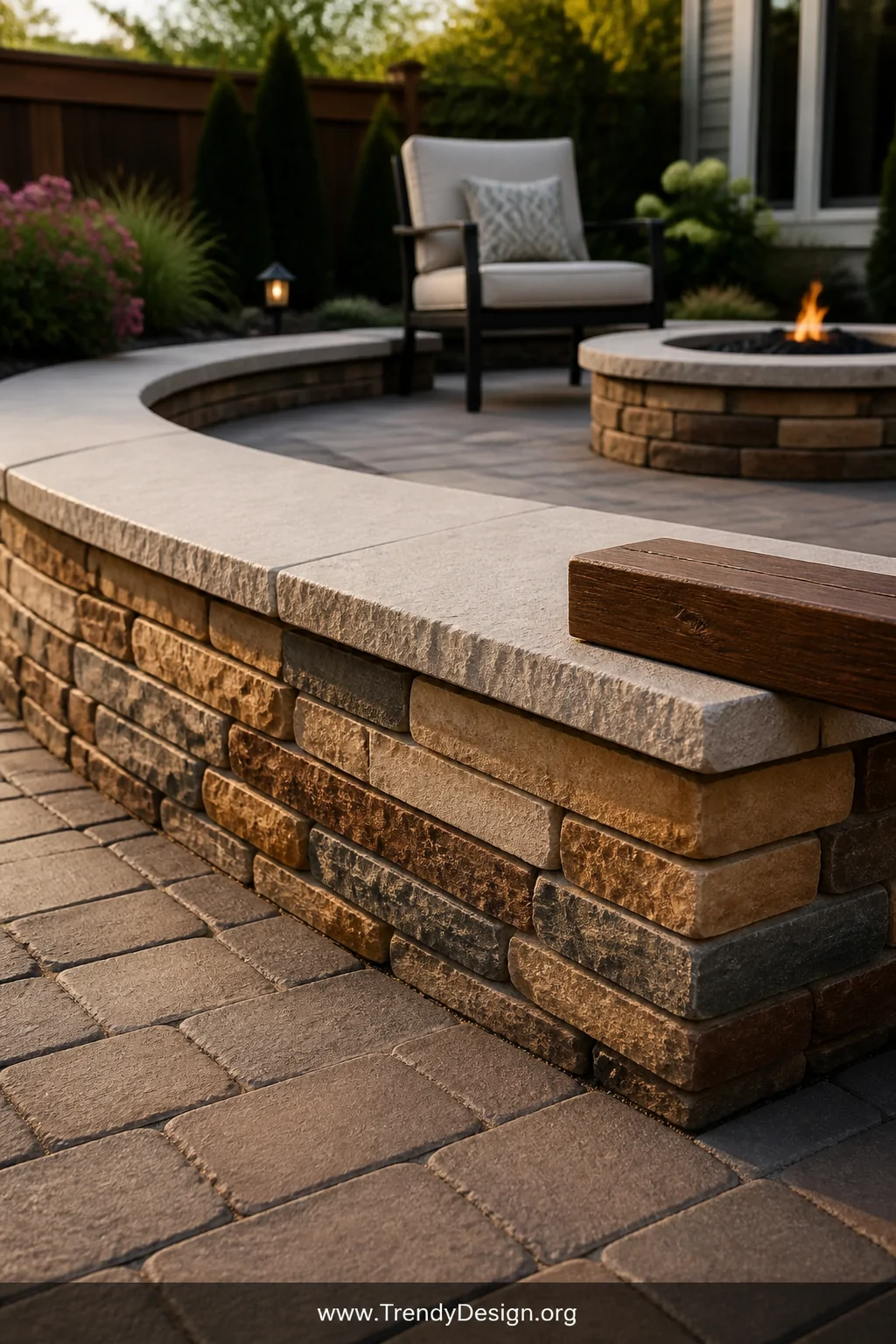Medium-angle photorealistic shot of a low stacked stone retaining wall built from warm sandstone and slate layers rising 20 i