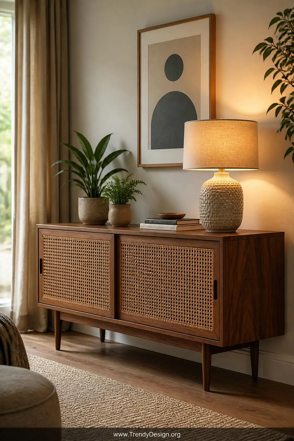 A richly grained walnut credenza on slender tapered legs sits flush against a warm white wall, its cane-front sliding panels 