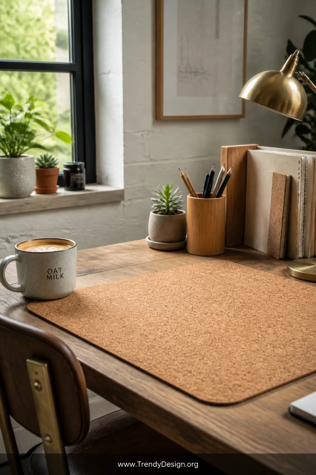 A medium shot of a cozy creative studio desk styled with a natural cork desk pad in warm earthy tones, surrounded by a small 