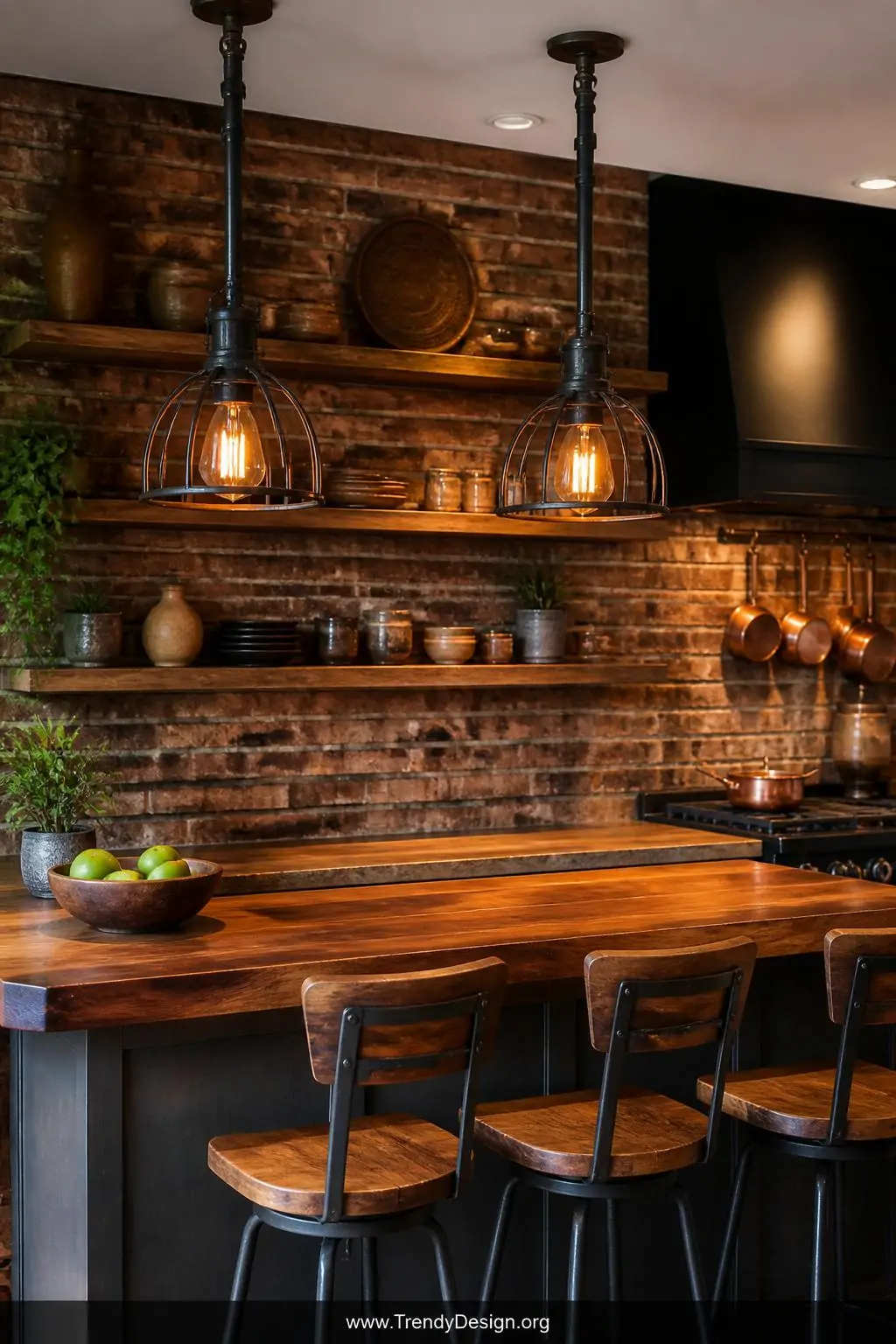 Medium photorealistic interior design shot of a warm rustic kitchen breakfast bar with rich walnut wood stools and exposed br