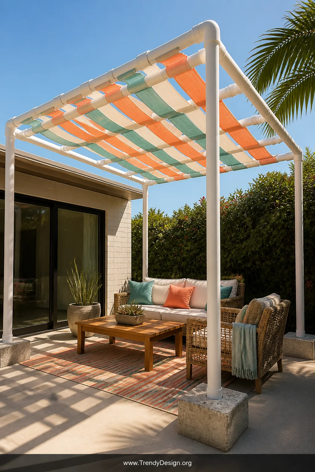 Medium photorealistic shot of a freestanding outdoor pergola built from white 2-inch schedule 40 PVC pipe connected with elbo