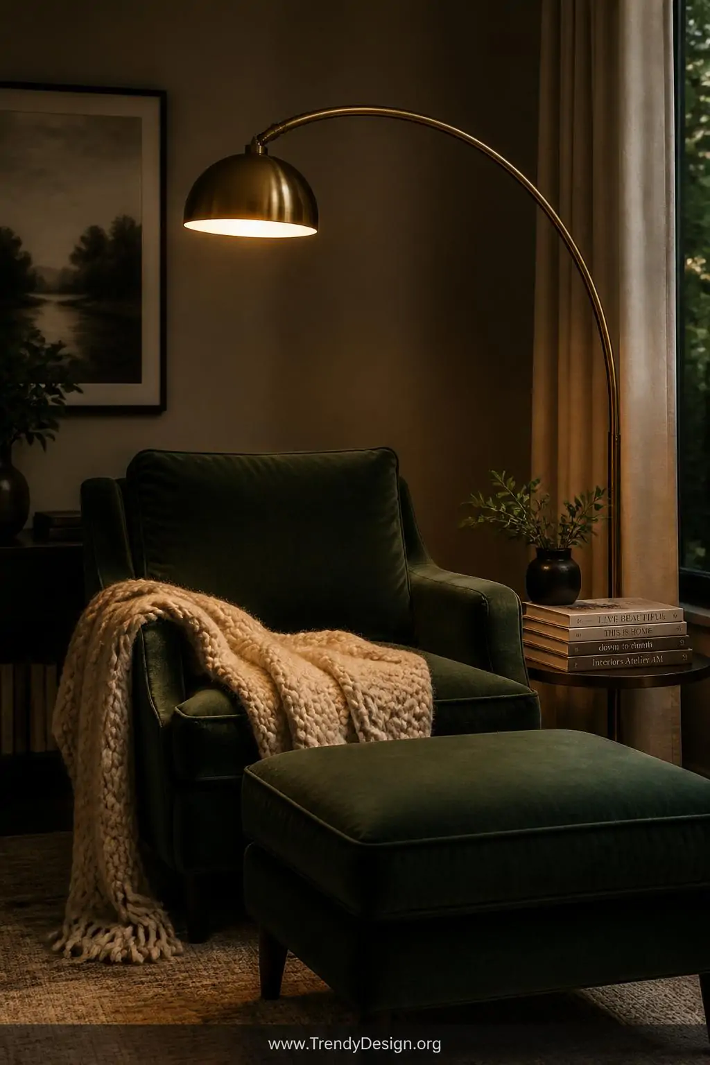Medium shot of a curved antique-brass arc floor lamp sweeping dramatically over a deep forest-green velvet armchair and match