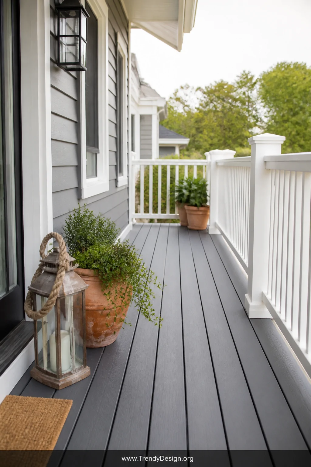 Medium-angle shot of a bold two-tone deck featuring a deep charcoal gray painted floor contrasting against crisp white railin