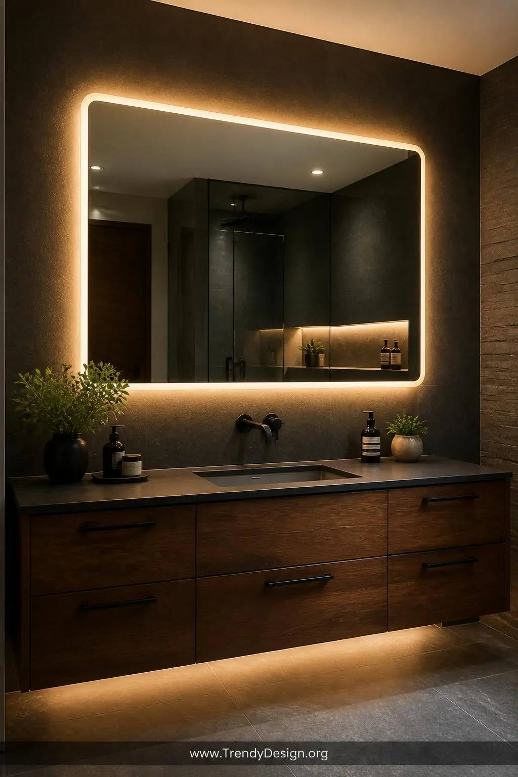 A boutique hotel-inspired bathroom vanity closeup showcasing a large rectangular backlit LED mirror emitting a warm halo glow