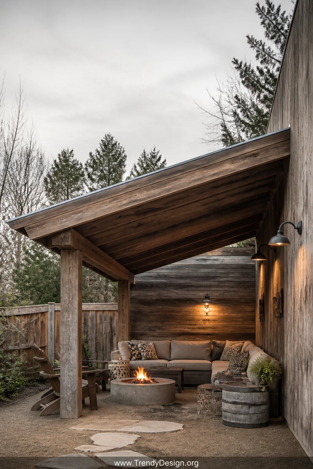 Medium photorealistic shot of a rustic lean-to shelter angled over an outdoor fire pit area, corrugated metal roofing panels 