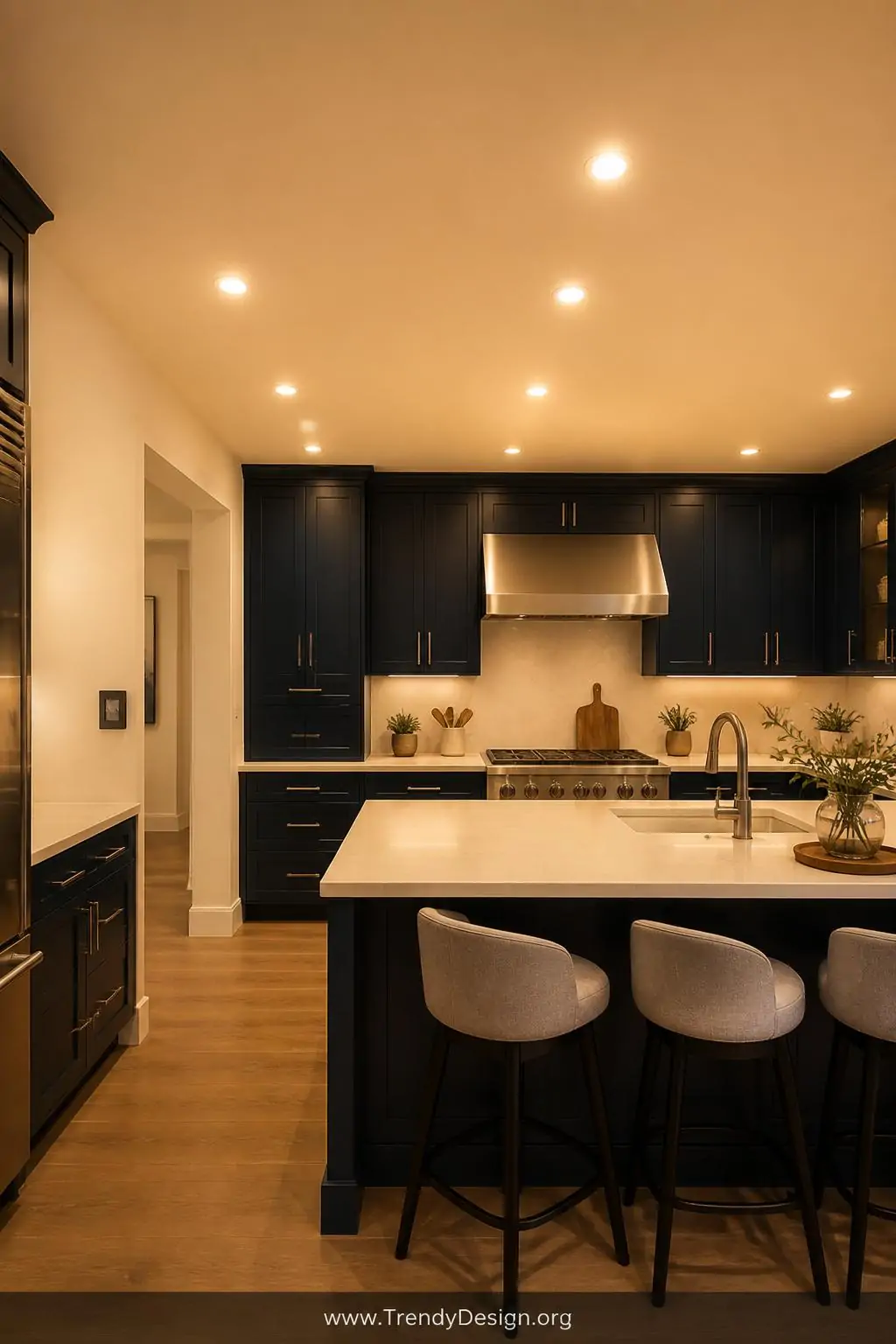 Wide photorealistic interior design shot of a sleek modern kitchen with multiple recessed lights spaced evenly across a low f