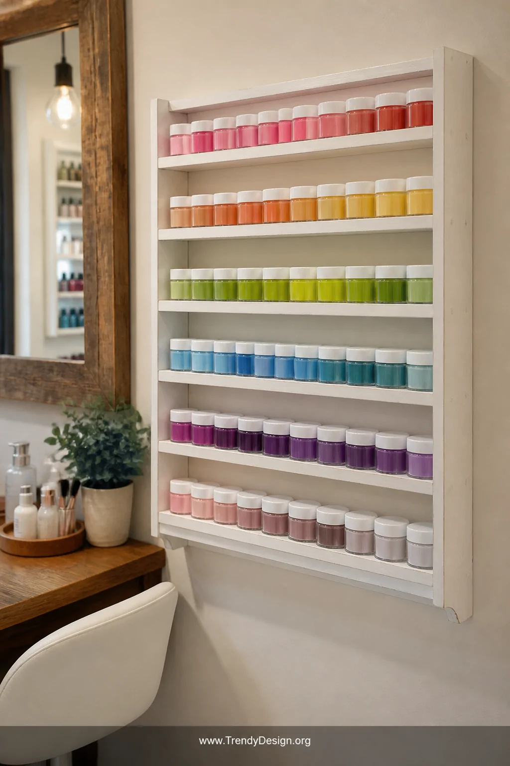 A medium shot of a white-painted wall-mounted wooden spice rack repurposed as a nail display near a small vanity station, dip