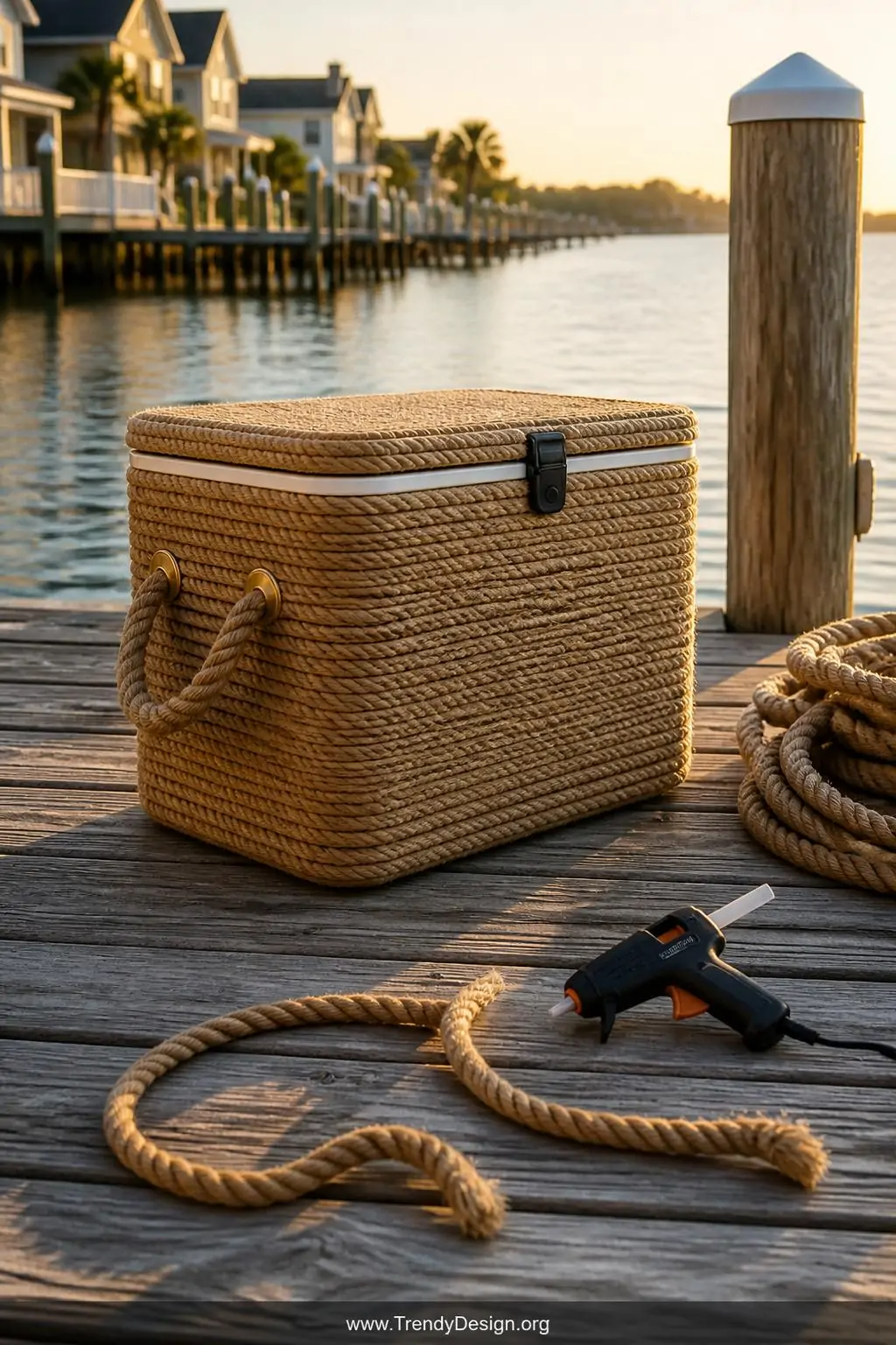 A jute rope-wrapped cooler resting on weathered gray dock planks beside coiled nautical rope and a hot glue gun, thick natura