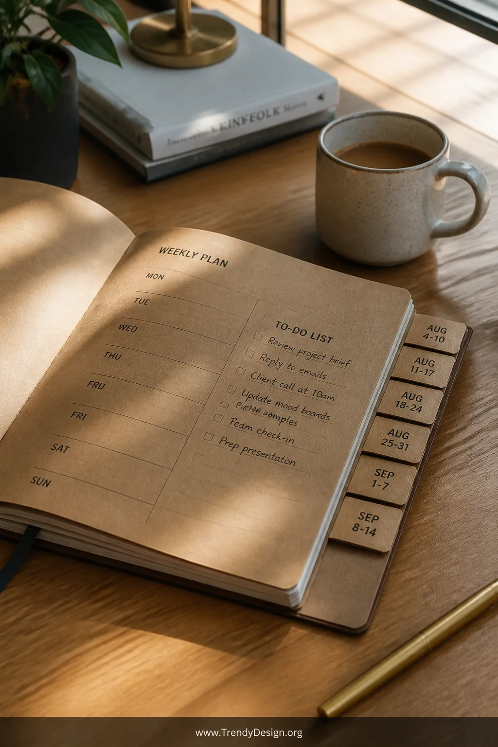 A medium shot of a tidy wooden desk with an open weekly planner spread showing bold, clearly labeled date-range tabs protrudi