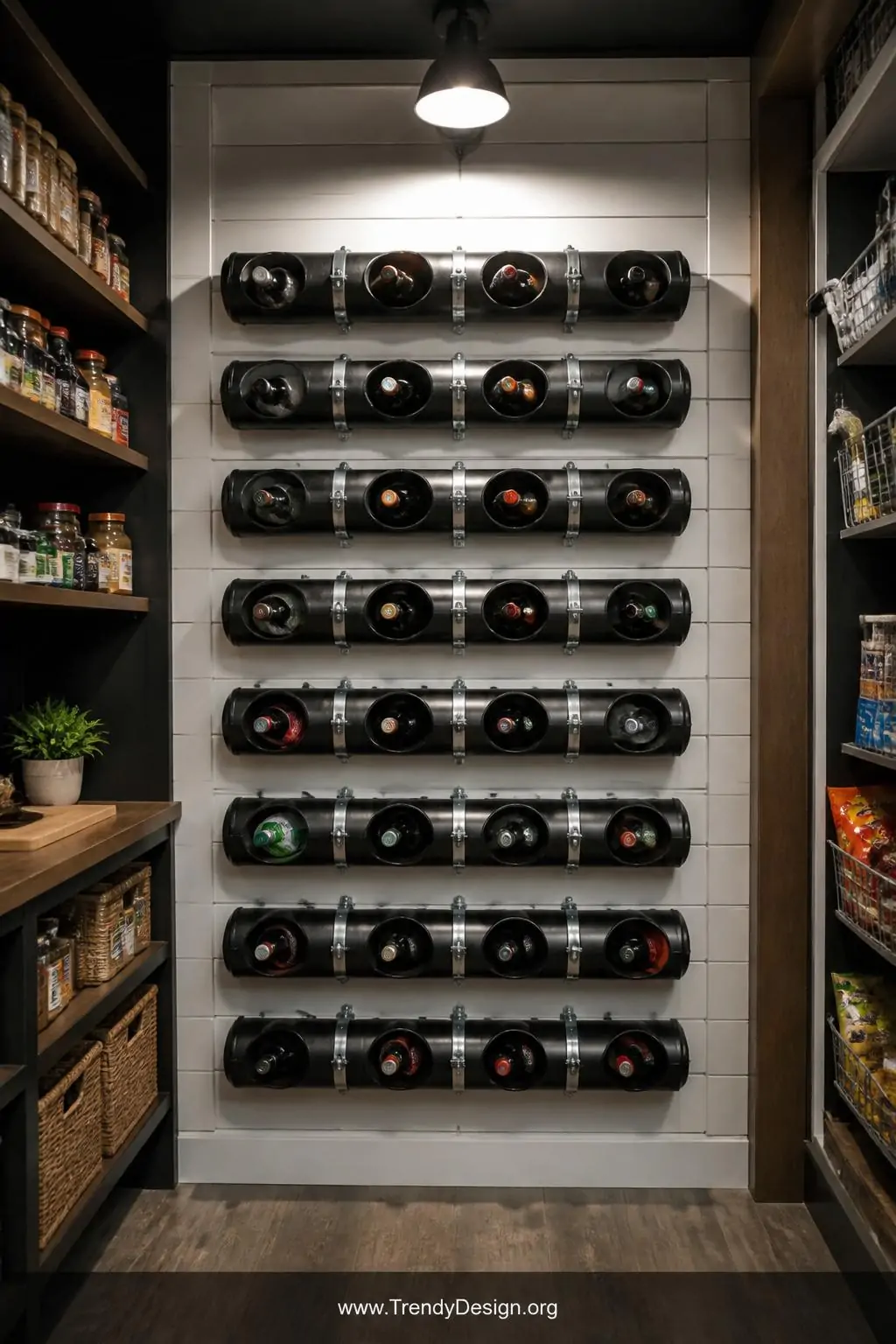 A sleek pantry wall features a custom horizontal PVC pipe organizer spray-painted matte black, mounted flush against shiplap 