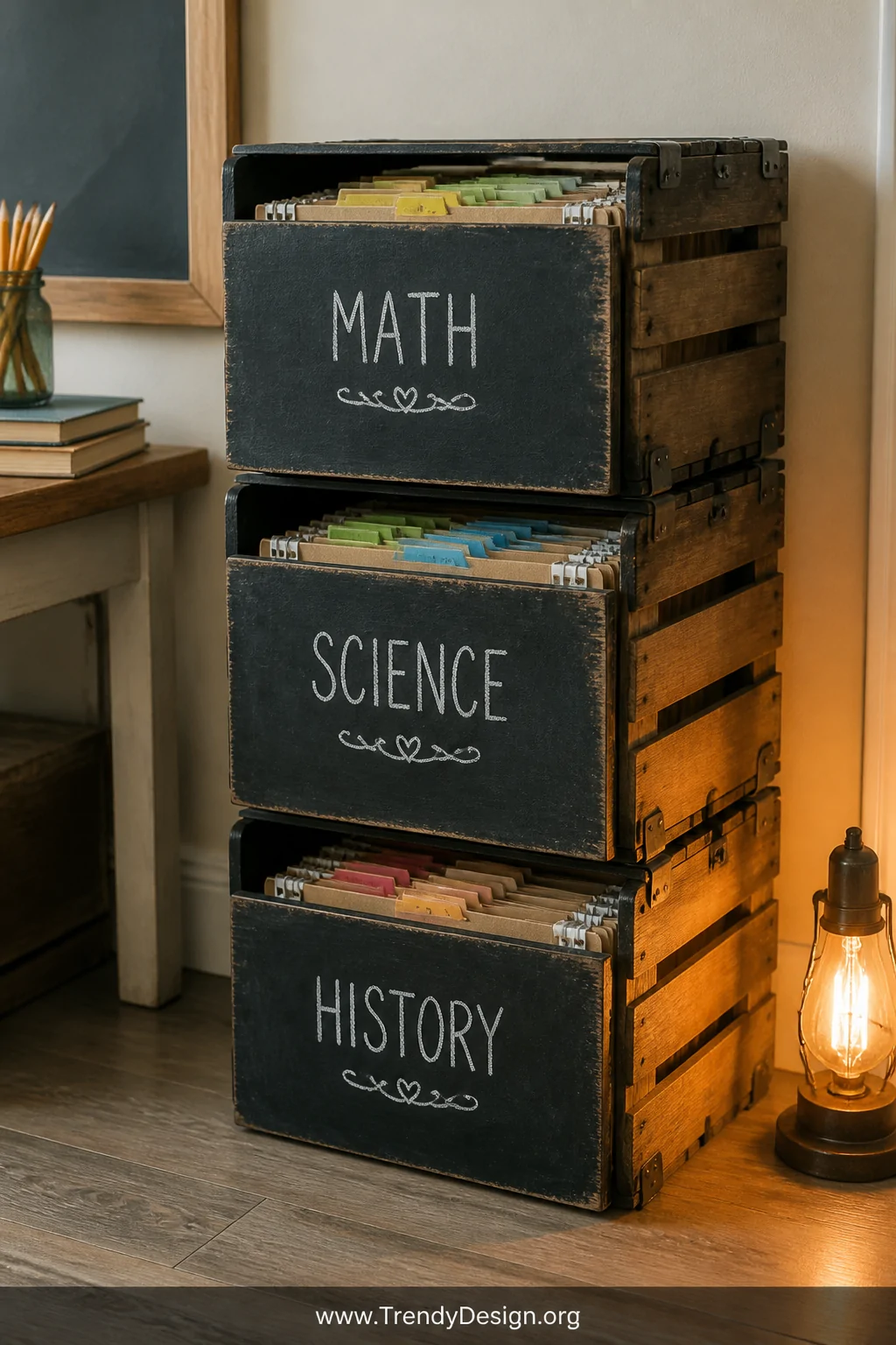 Medium shot of a rustic classroom corner showcasing a stack of three wooden milk crates turned sideways and secured together,