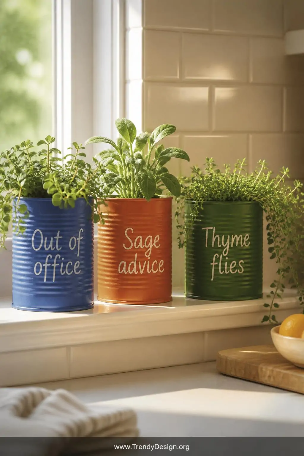 A bright sun-soaked kitchen windowsill displaying a trio of hand-painted tin can planters in bold cobalt blue, terracotta ora