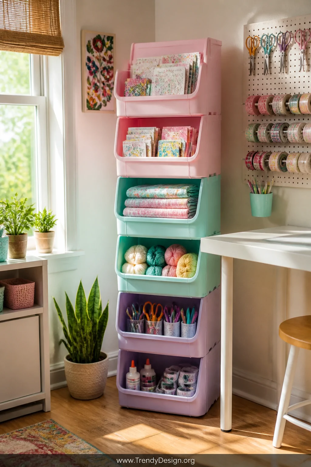 Medium shot of a bright craft room corner featuring a tall vertical tower of color-coded modular stacking bins in pastels   p